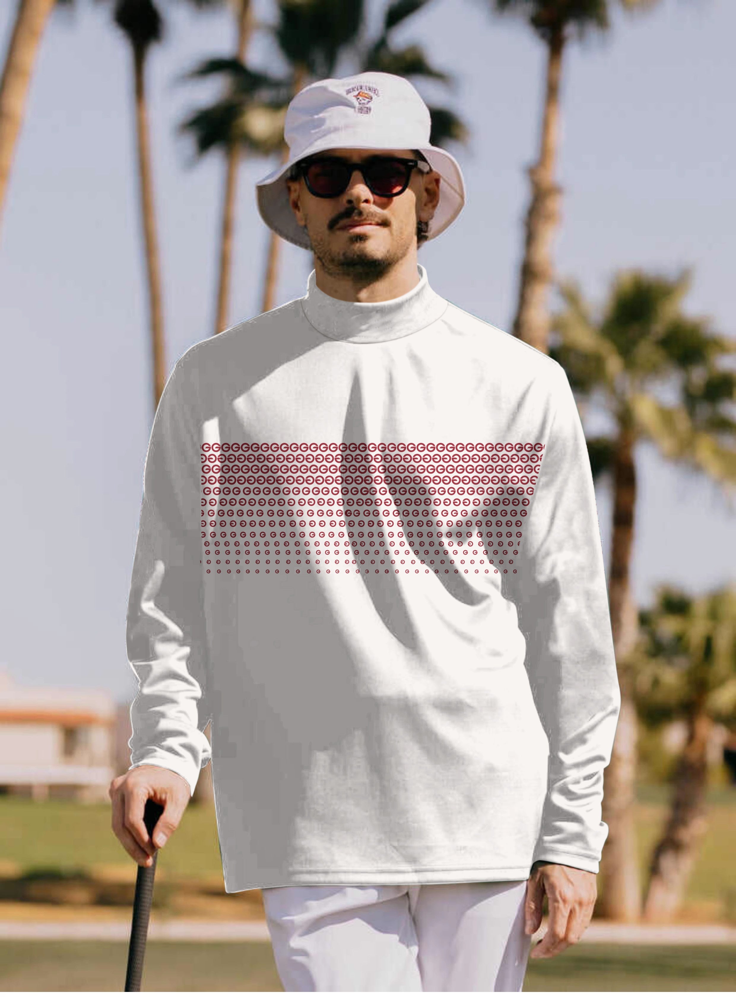 Men's Red G Pullover high neck long sleeve golf shirt worn by man outdoors with sunglasses and hat