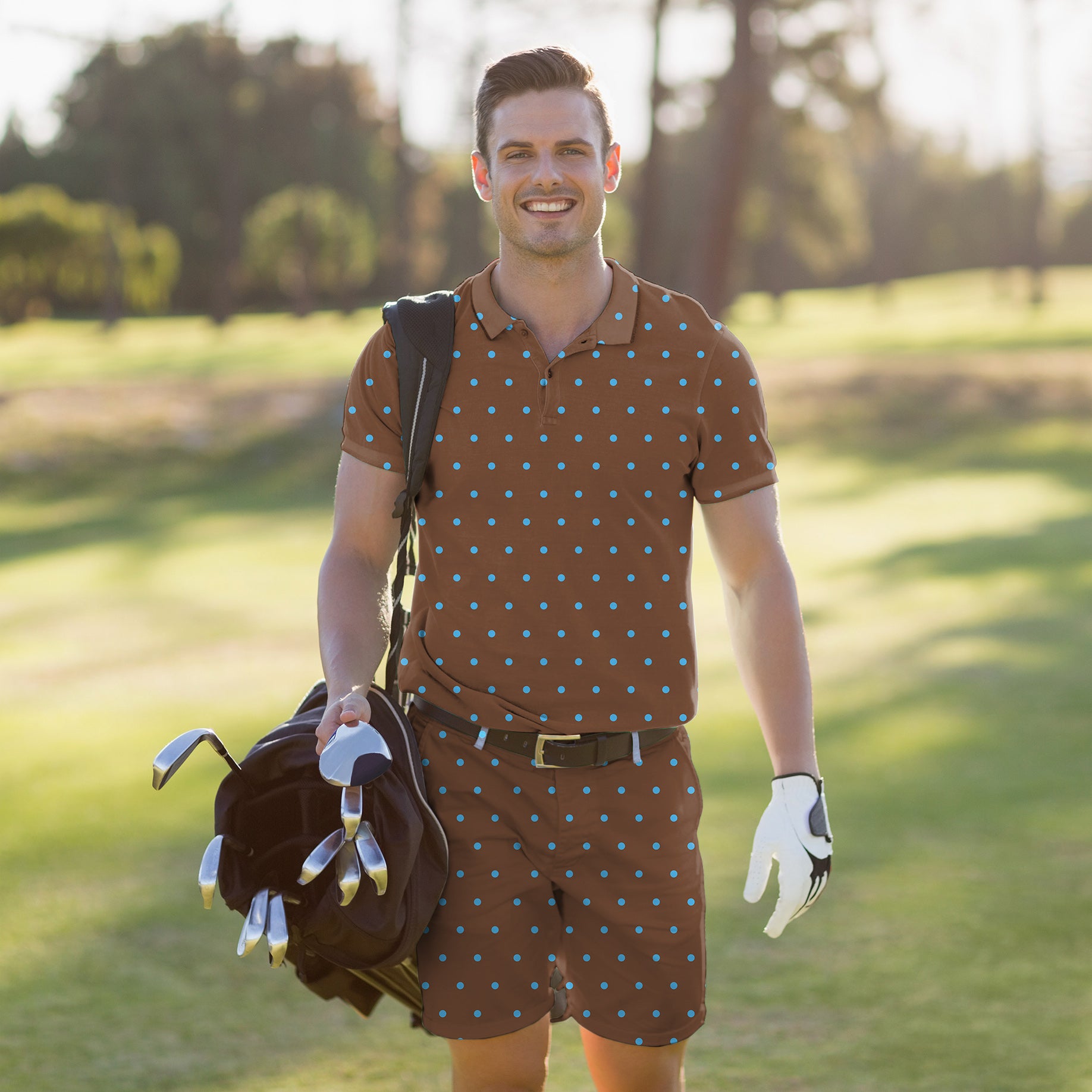 Men's Golf Set Polo+Shorts Brown Polka Dots