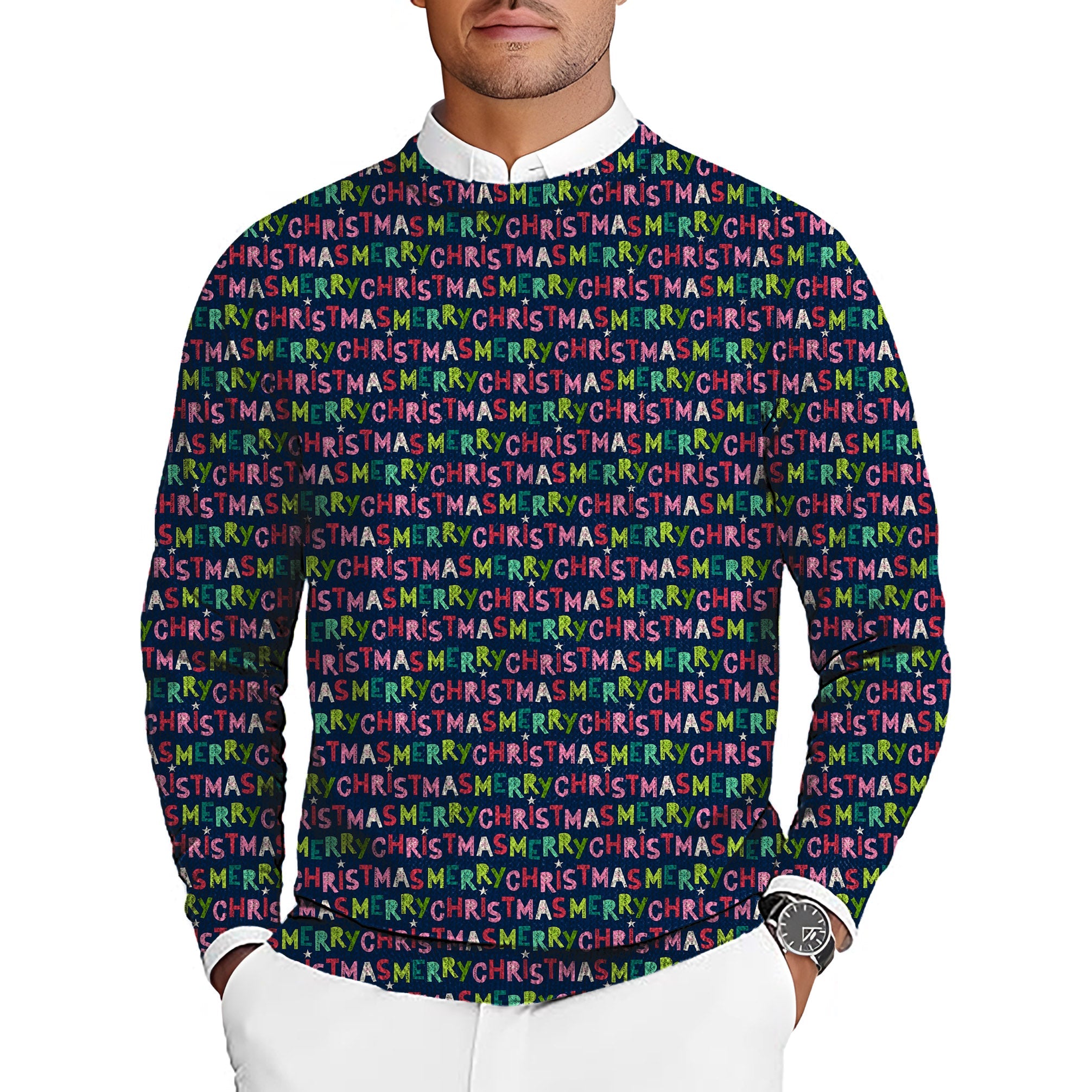 Stars snowflakes Christmas men's golf crewneck pullover ugly sweater with colorful Merry Christmas text pattern