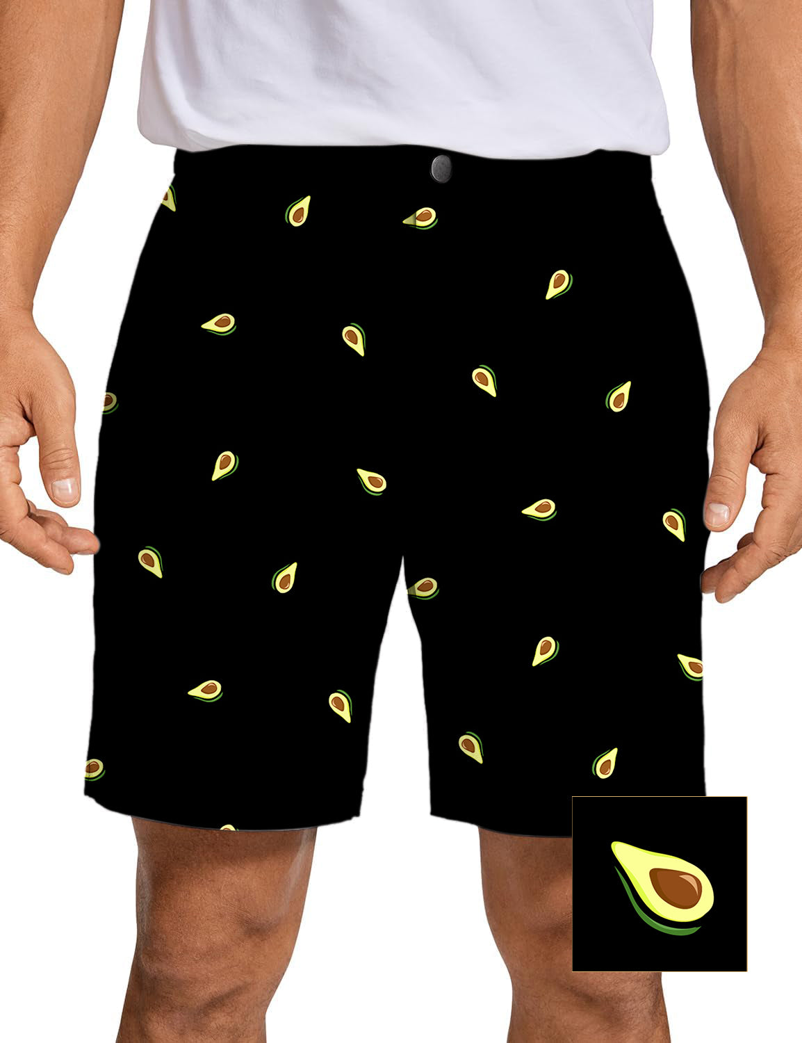 Men's Avocado Custom black golf shorts with avocado print, lightweight and quick-dry fabric