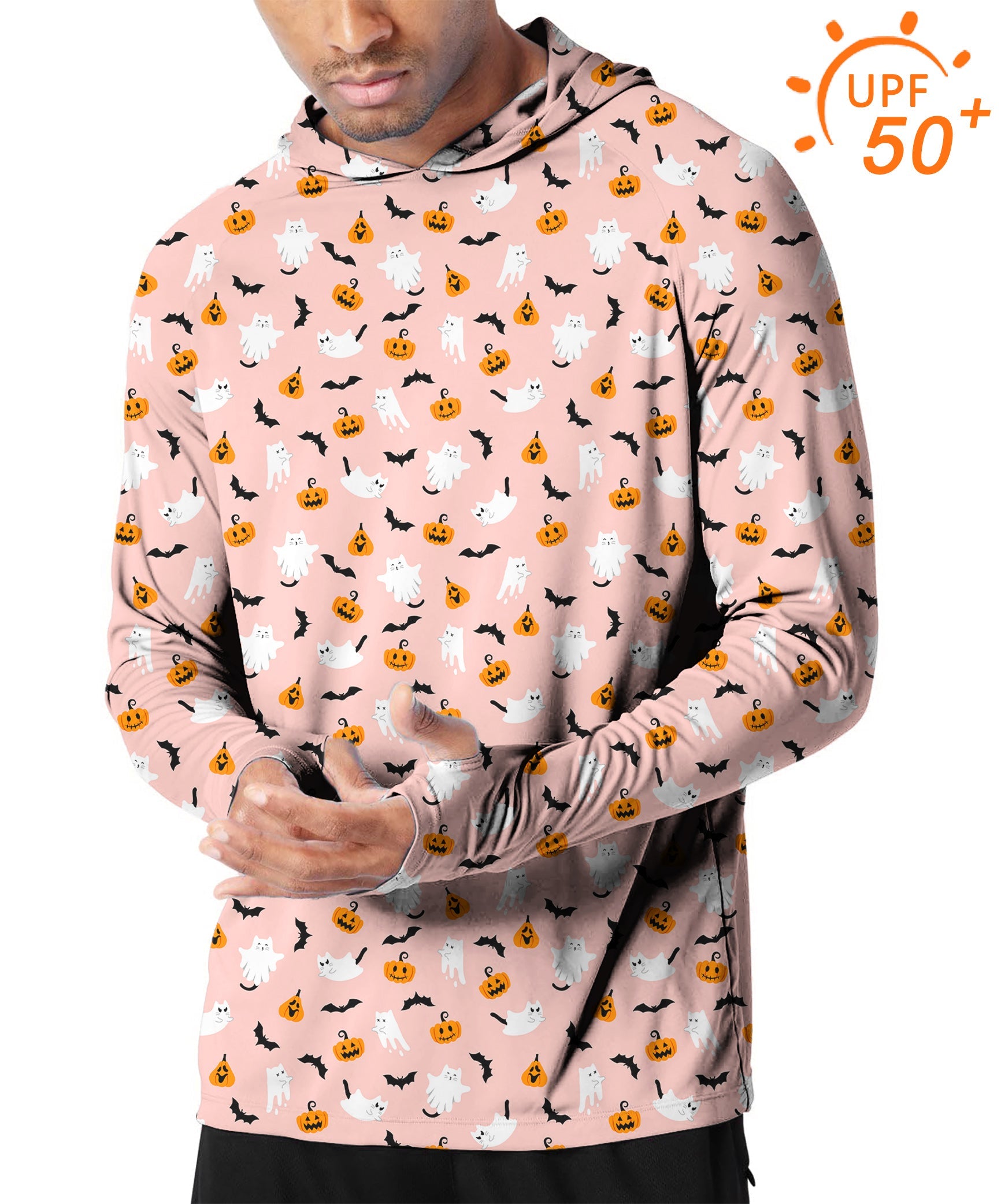 Men's outdoor Halloween hoodie with kawaii ghost and pumpkin print, UPF 50+ sun protection, slim fit, breathable and moisture-wicking fabric.