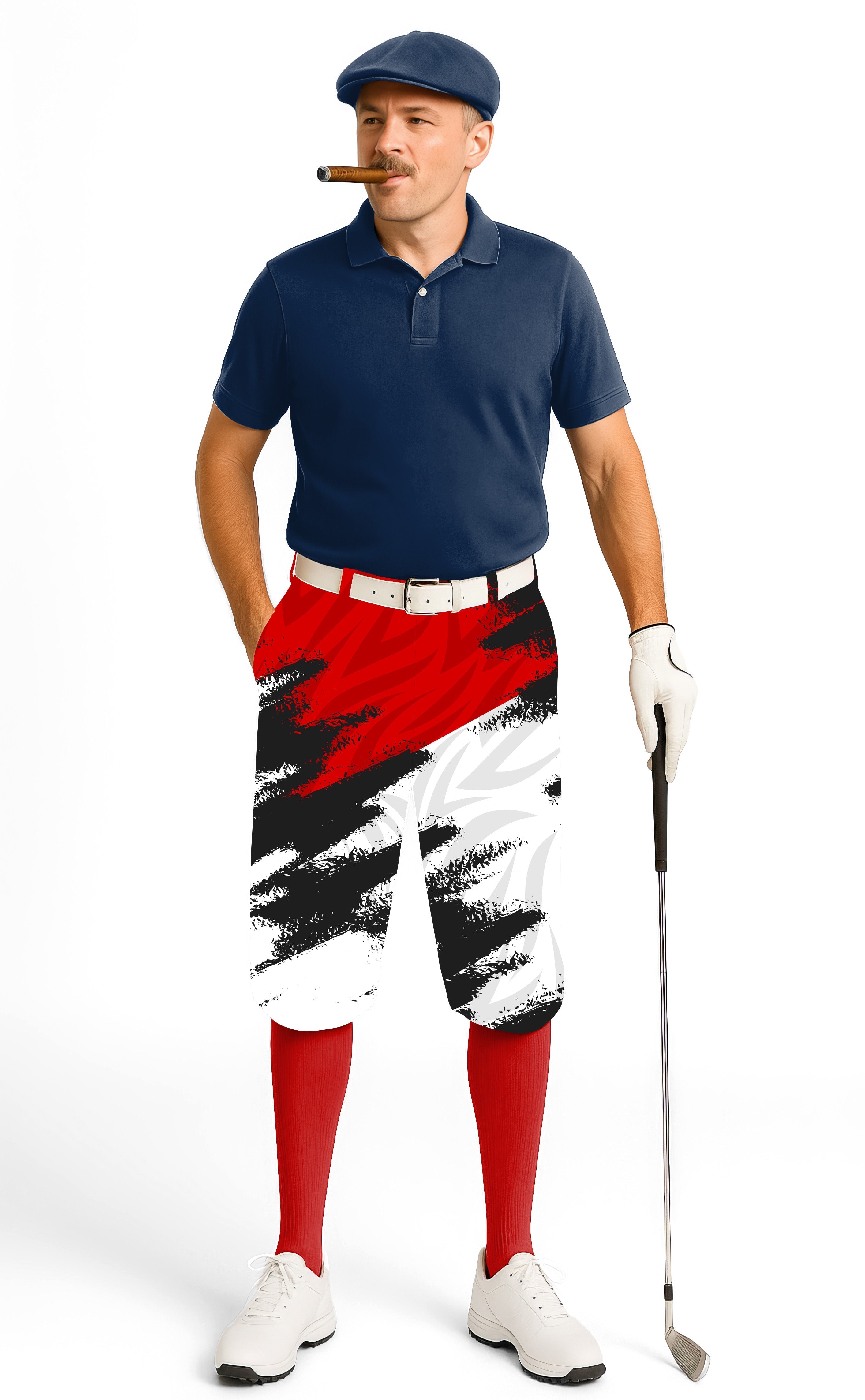 Man wearing red custom sport team uniforms golf knickers pants with black and white design, navy polo, white golf glove, and white shoes holding a golf club.