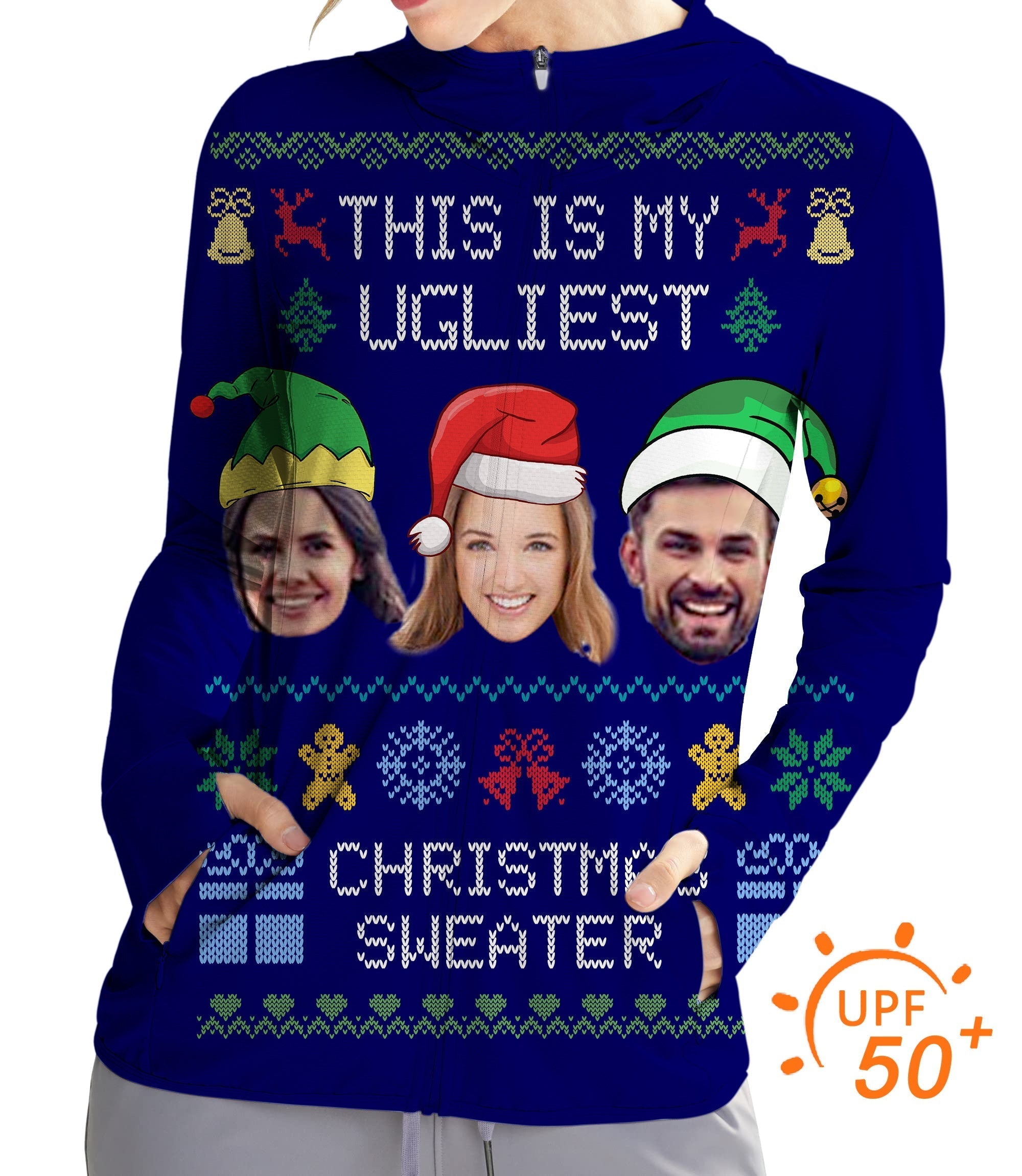 Women's outdoor navy Christmas custom face golf sun protection slim fit zip hoodie with festive design and UPF 50+ protection