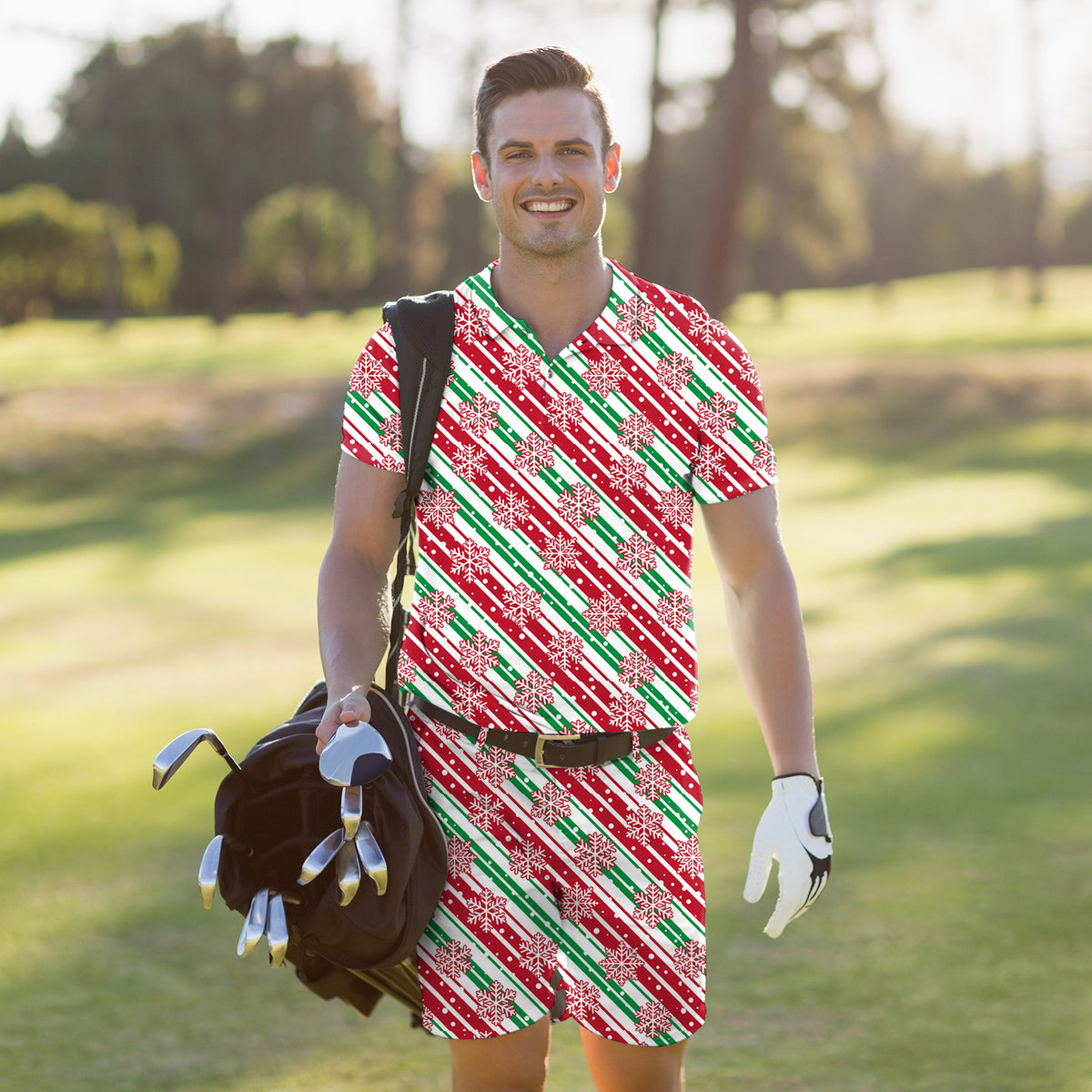 Men's Golf Set Polo+Shorts Christmas Snowflake