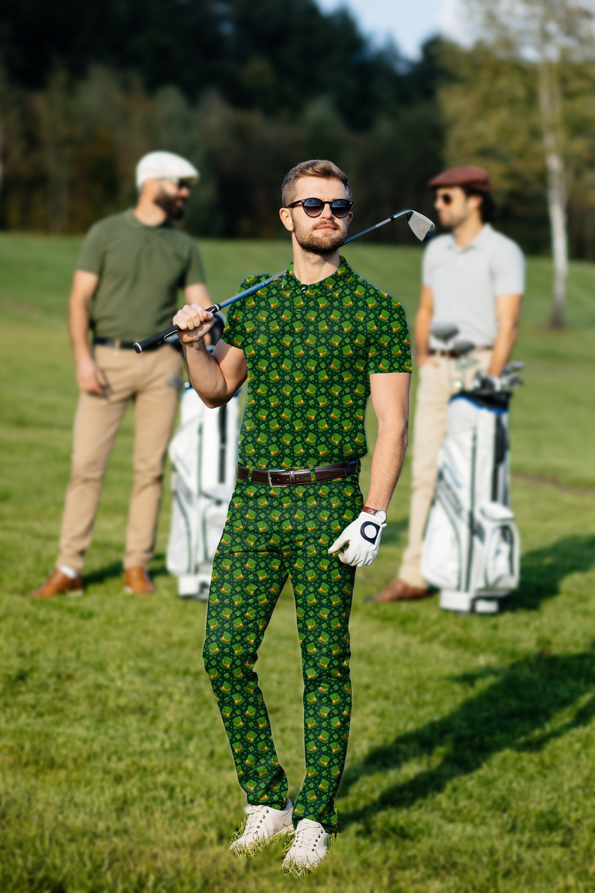 Men's golf set with clover leaf print Polo and pants for St. Patrick's Day golf attire
