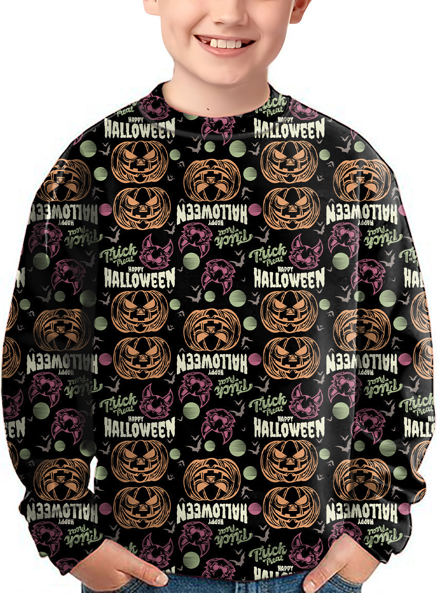 Kids wearing Happy Halloween colorful pumpkin crewneck pullover with Halloween-themed prints