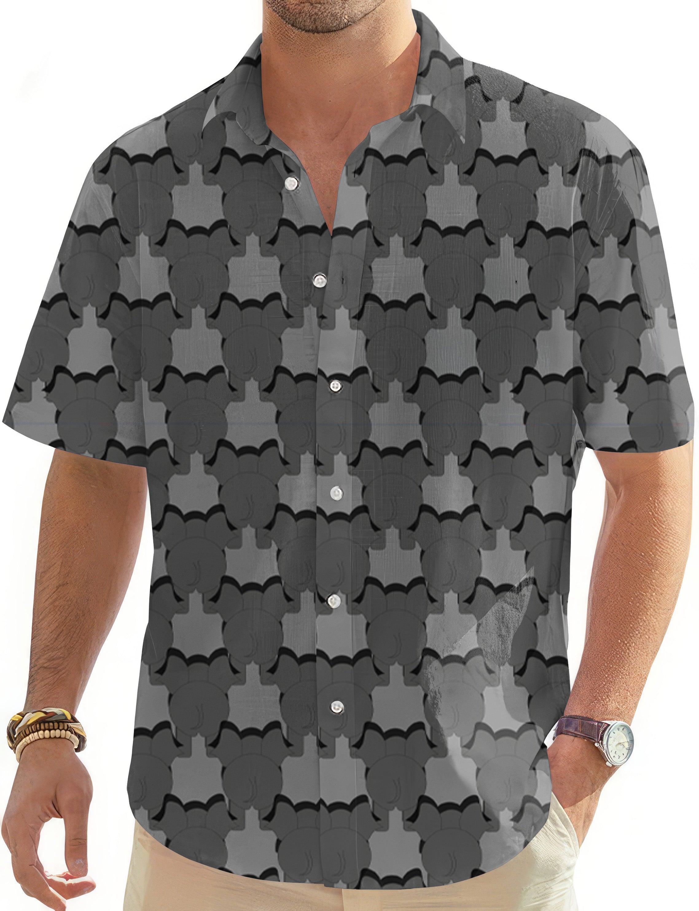 Men's Golf Hawaiian shirt with black and gray elephant pattern, short sleeve button-down summer shirt