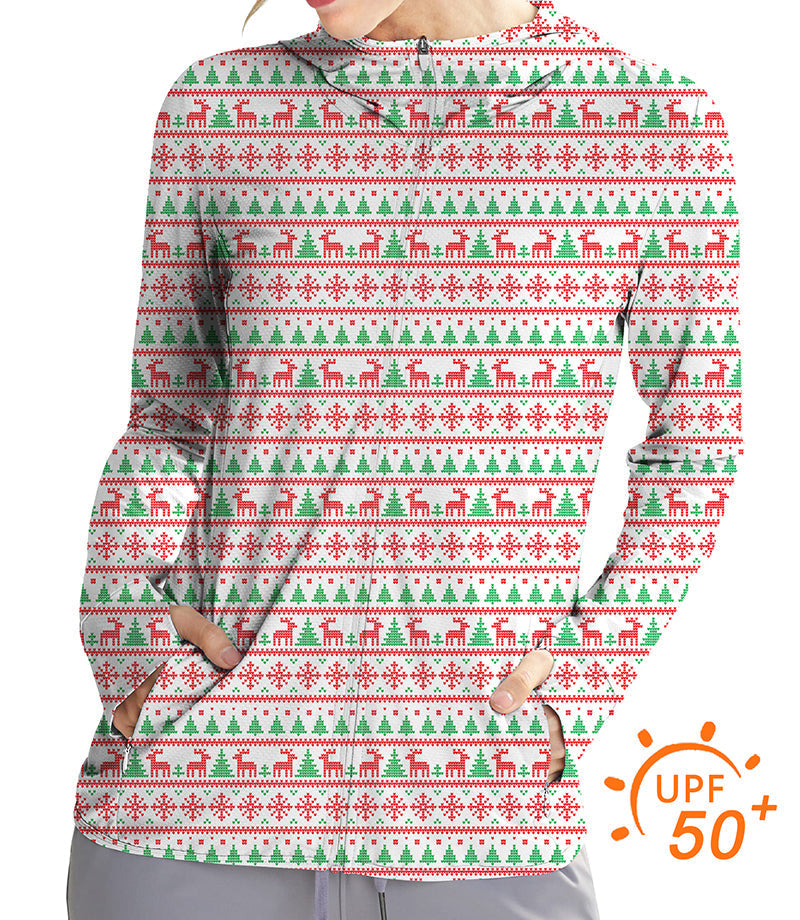 Women's outdoor Christmas red and green tree patterned slim fit zip hoodie with sun protection UPF 50+