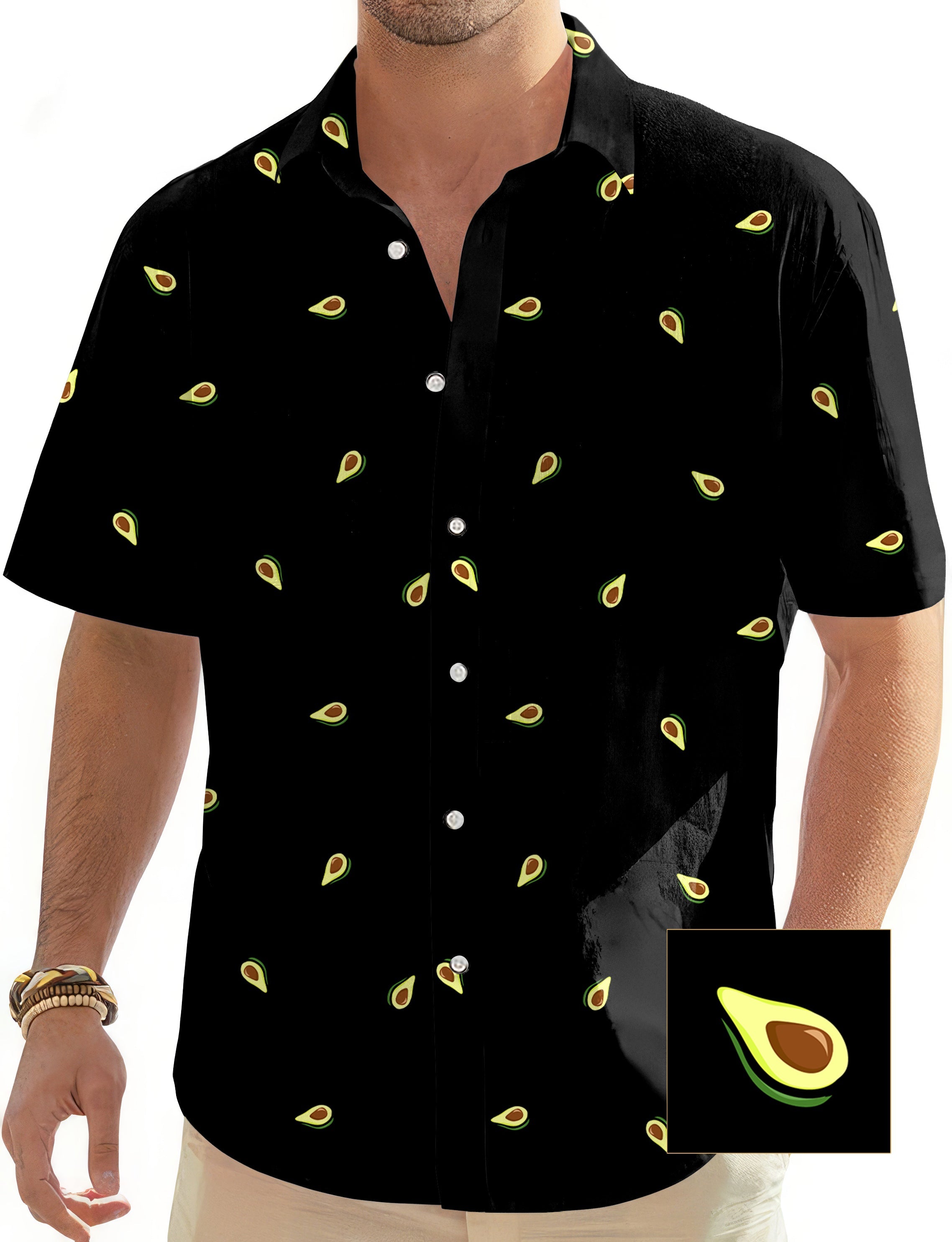 Men's black Hawaiian shirt with small avocado prints and button-down design