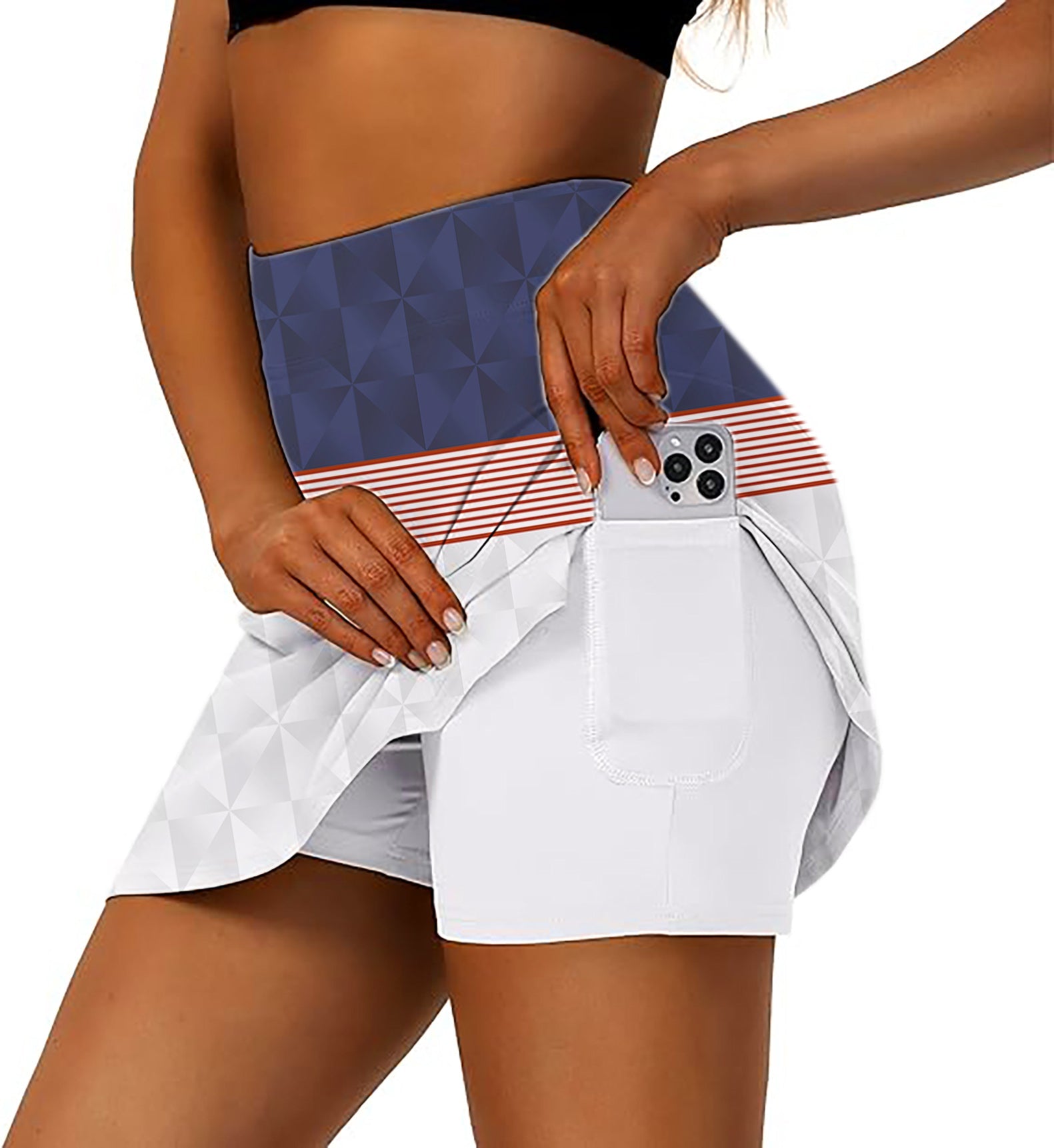 Women's stripe splicing custom athletic golf skort with phone pocket and flared skirt design