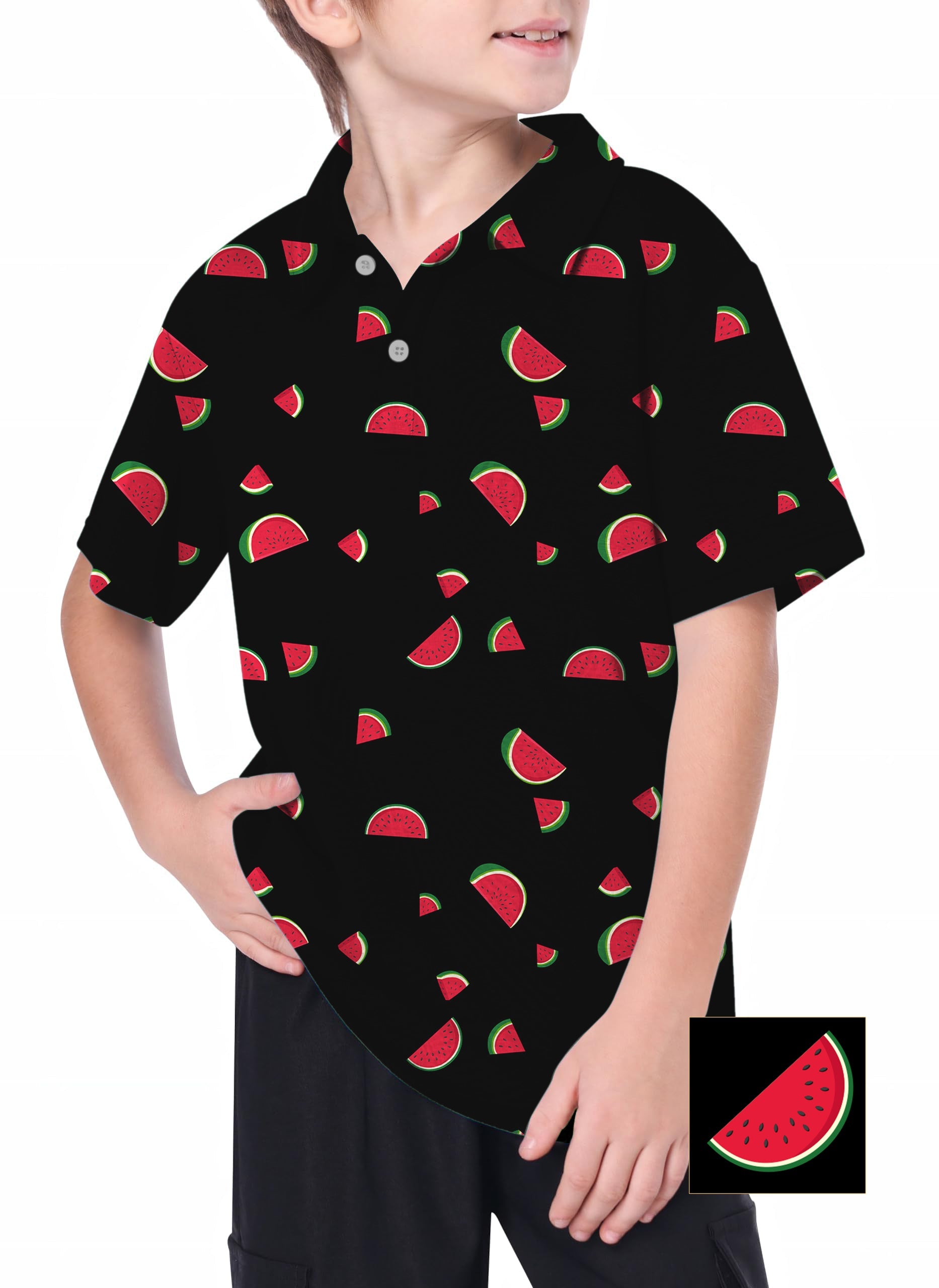 Youth Watermelon Custom golf polo for kids with watermelon print on black background