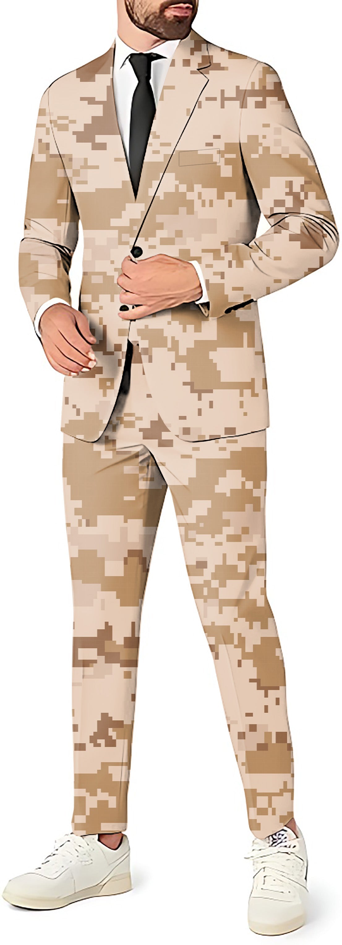 Desert camo men's party costume suit set with blazer, pants, and vest in slim fit style