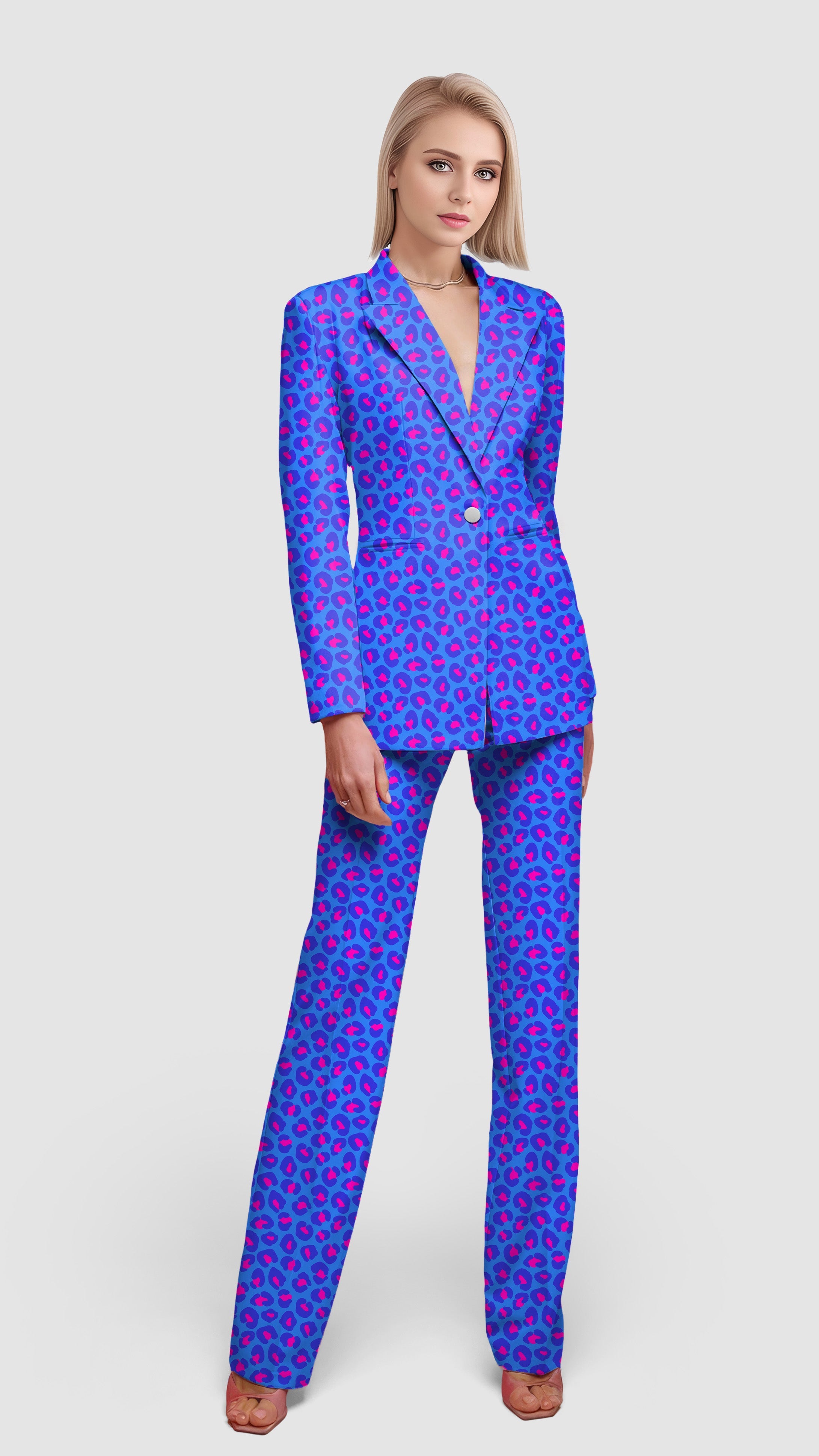 fluorescent women's casual blazer and matching pants suit set with lapel collar and front button
