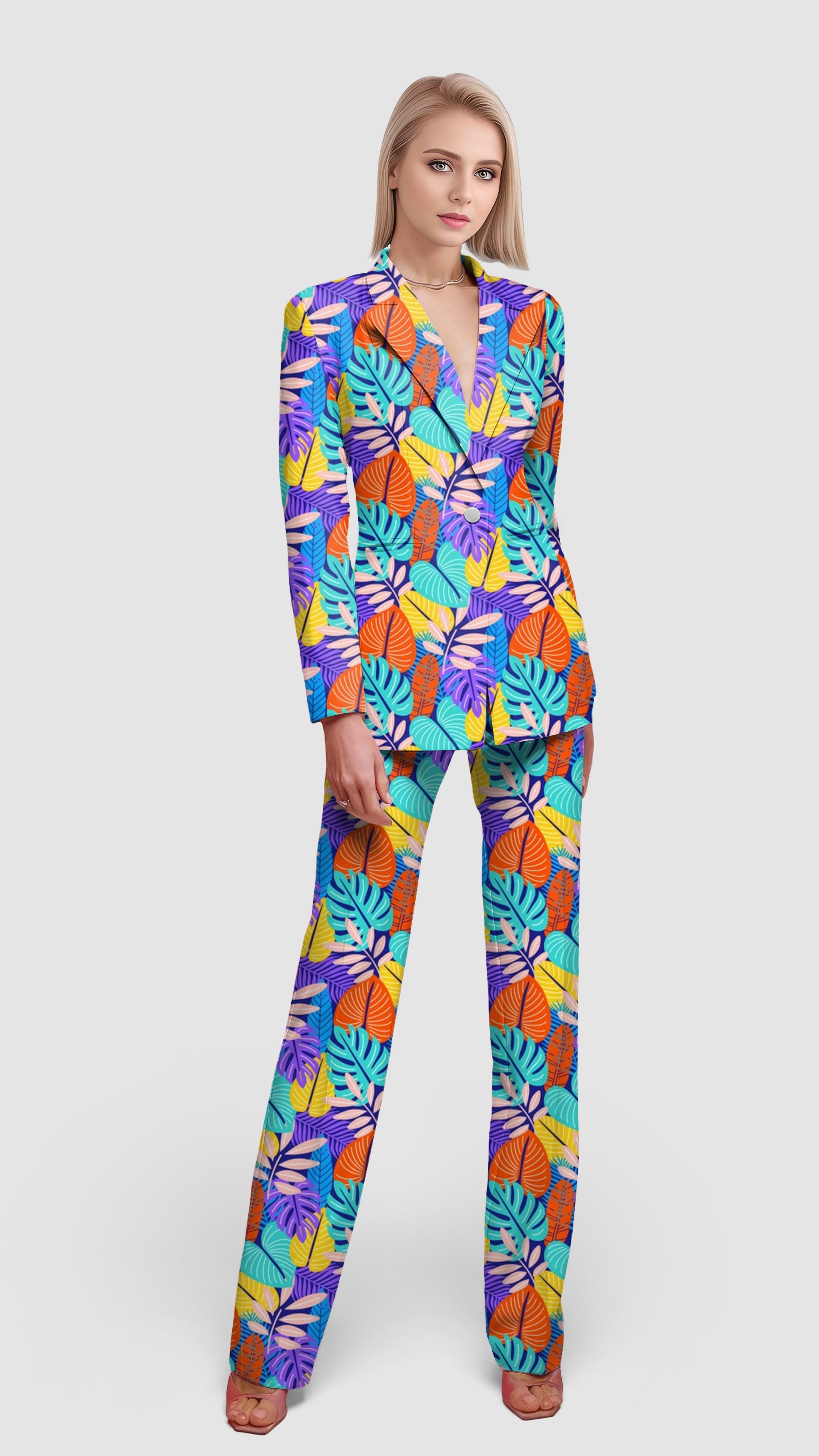 Women's tropical palm leaves blazer suit set with colorful leaf print for casual work and office wear