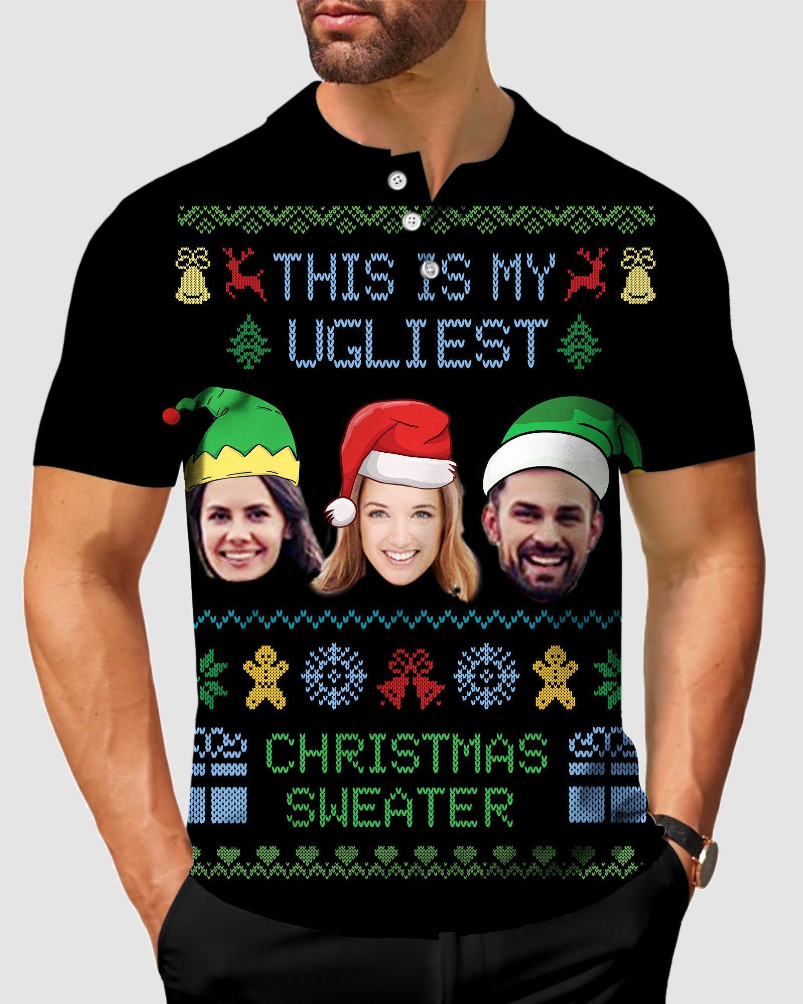 Men's navy Christmas custom face polo shirt with festive holiday design and personalized photo faces