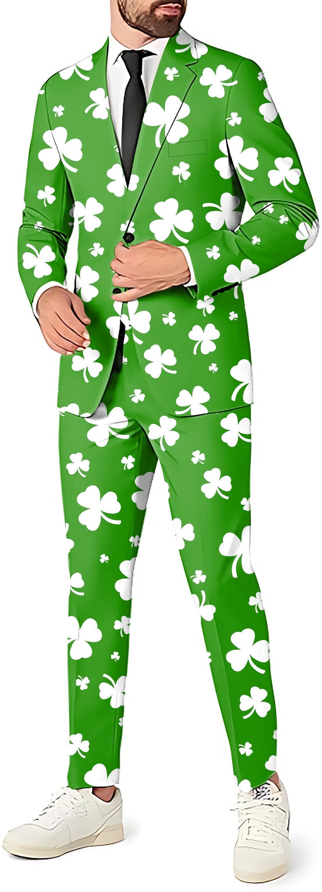 Men's green suit with white leaf clover print for St. Patrick's Day party