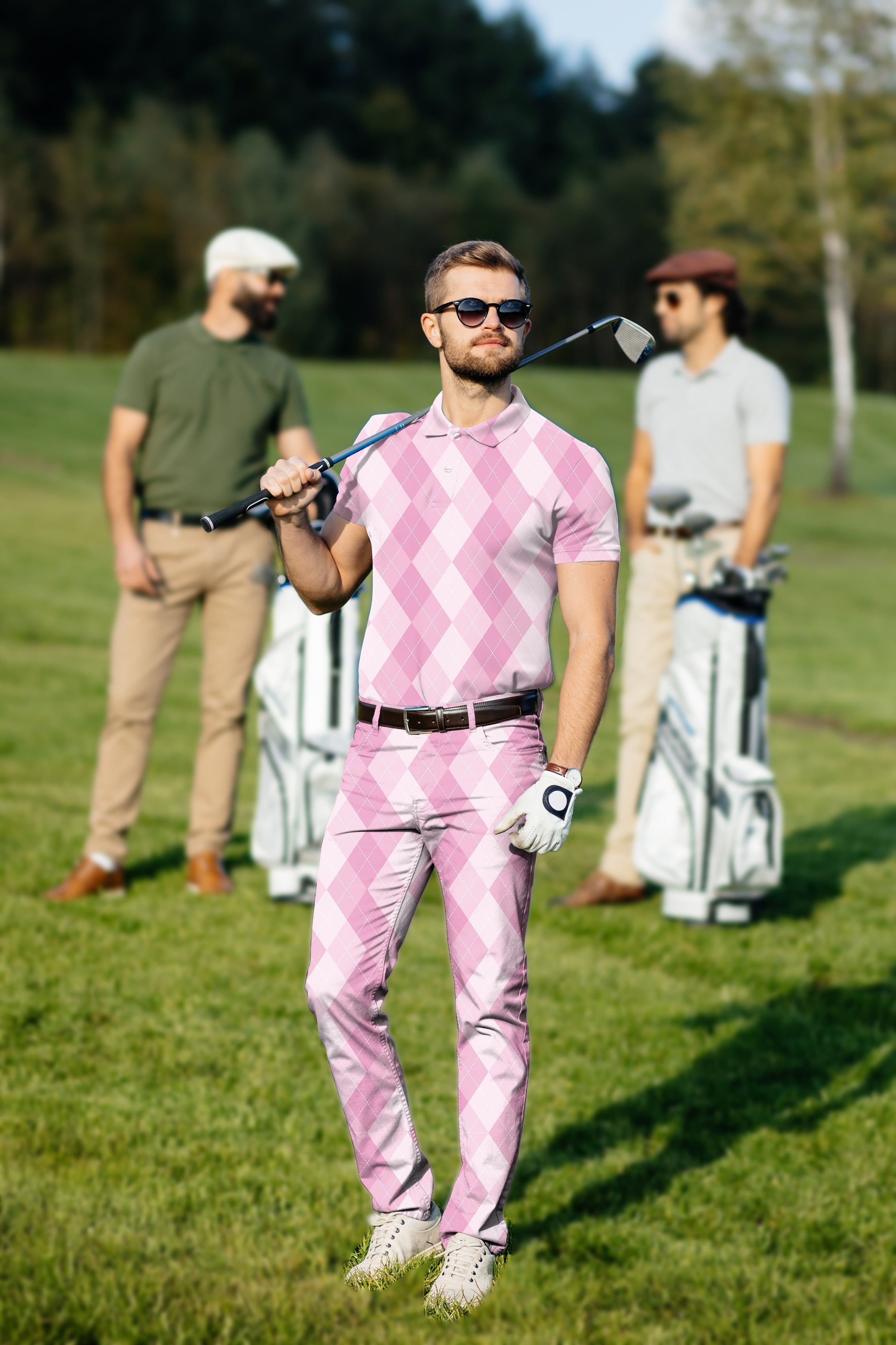 Men's Golf Set pink argyle polo and pants with four-way stretch and UPF 40+ protection