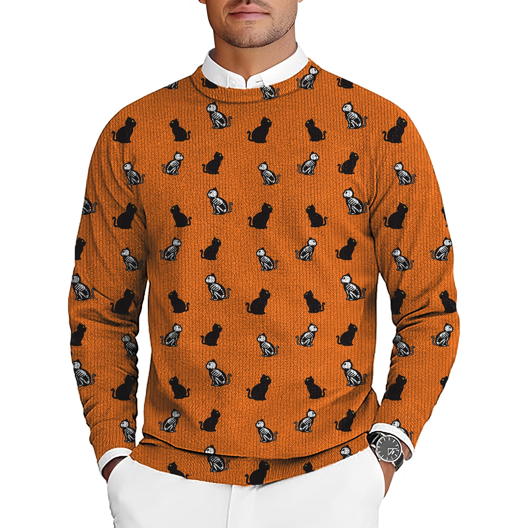 Halloween Skull Cat men's orange golf crewneck pullover sweater with cat and skull pattern