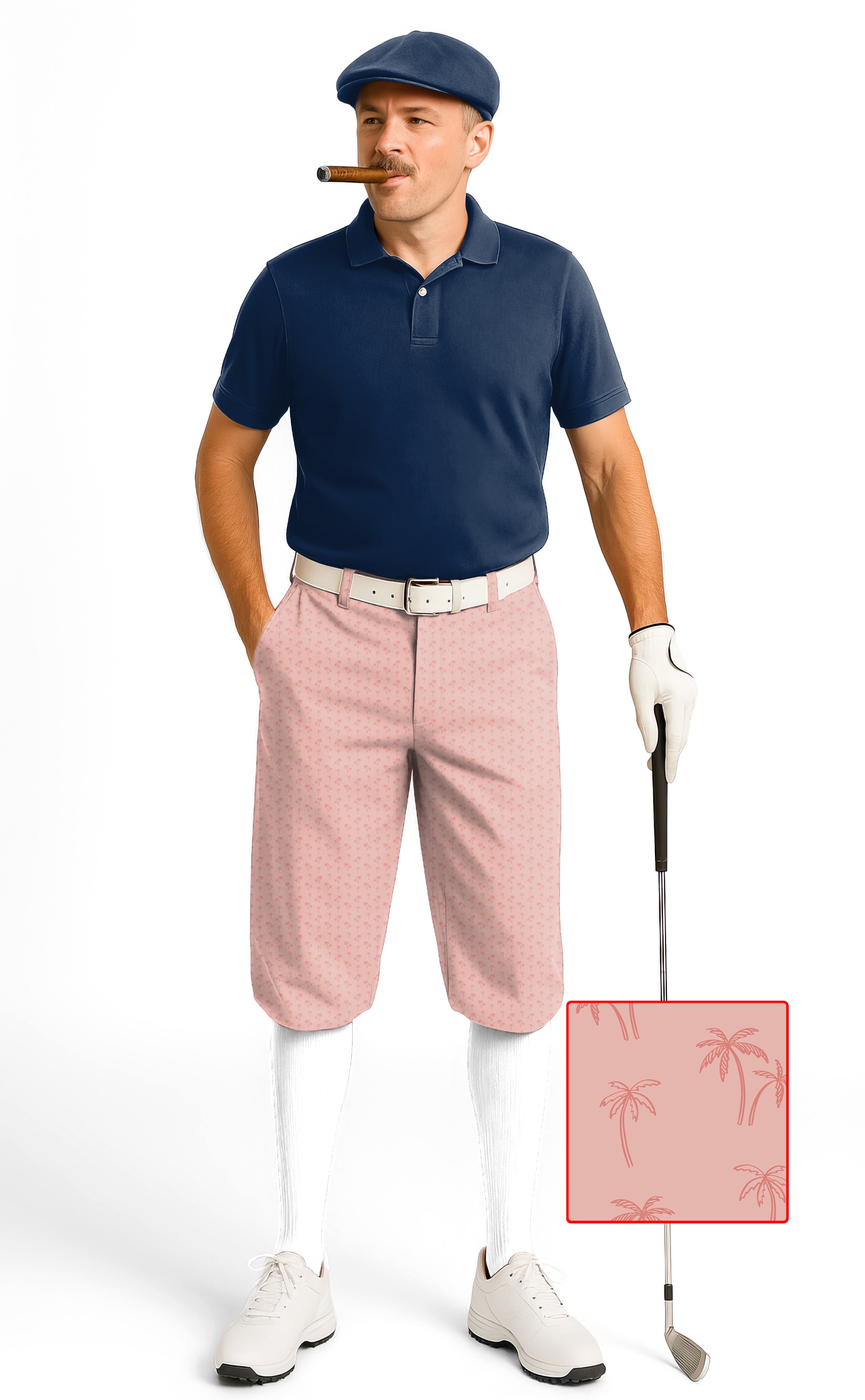 Men's pink coconut trees golf knickers with snug ankle cuffs and breathable fabric