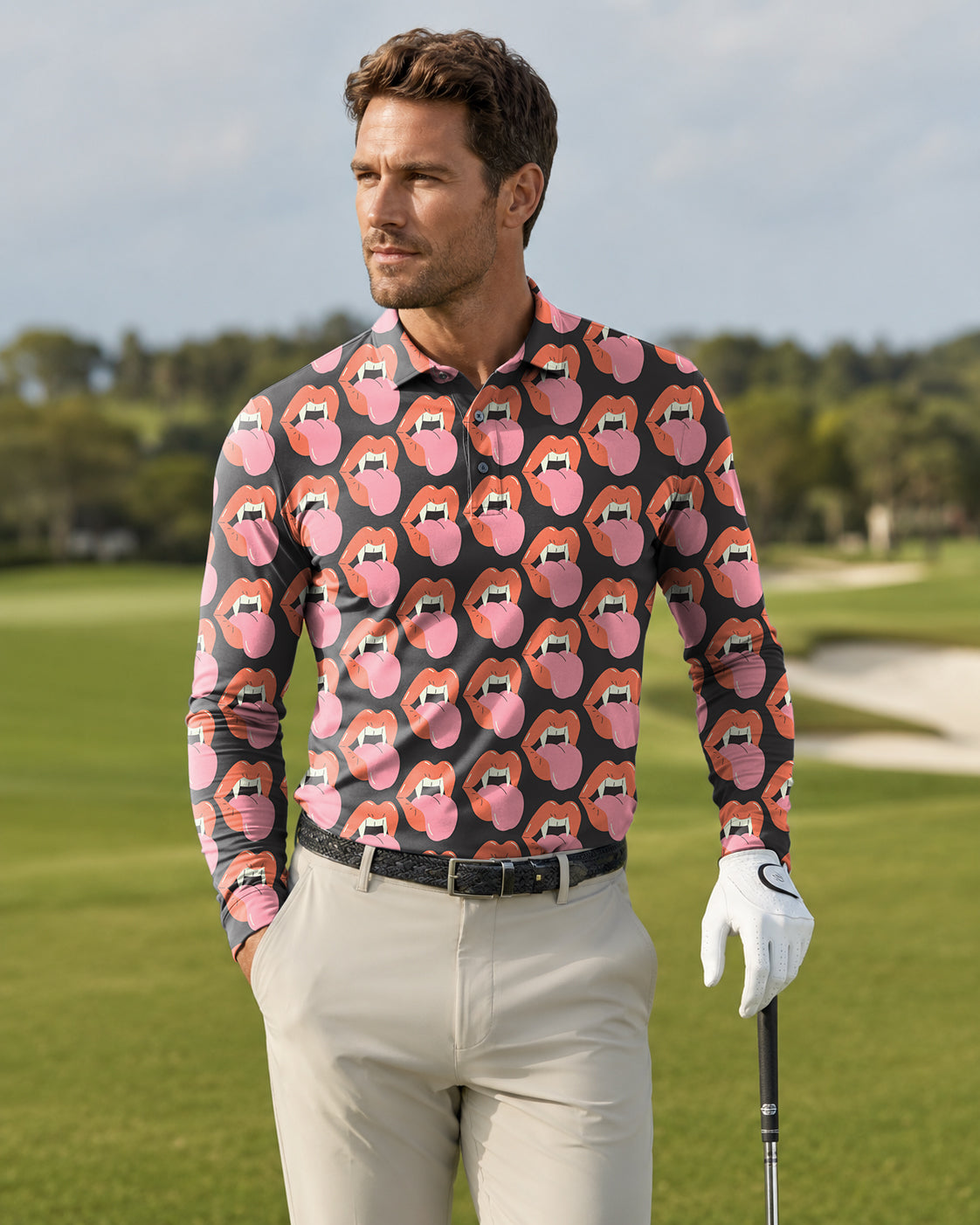 Men's Halloween Vampire Mouth Long-sleeved Polo