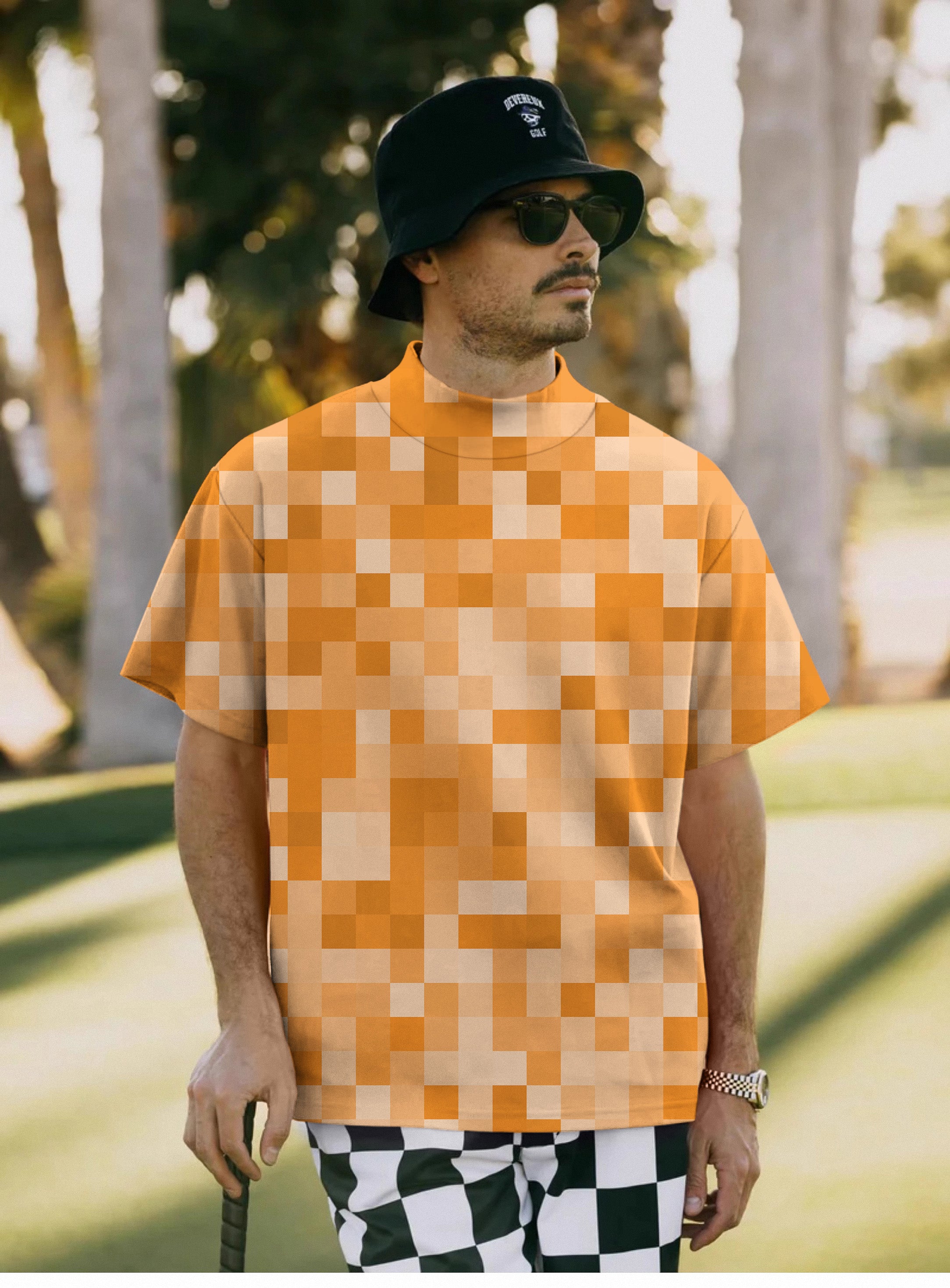 Men's Orange Pixel Big Pullover High neck Long/Short sleeve T-Shirt