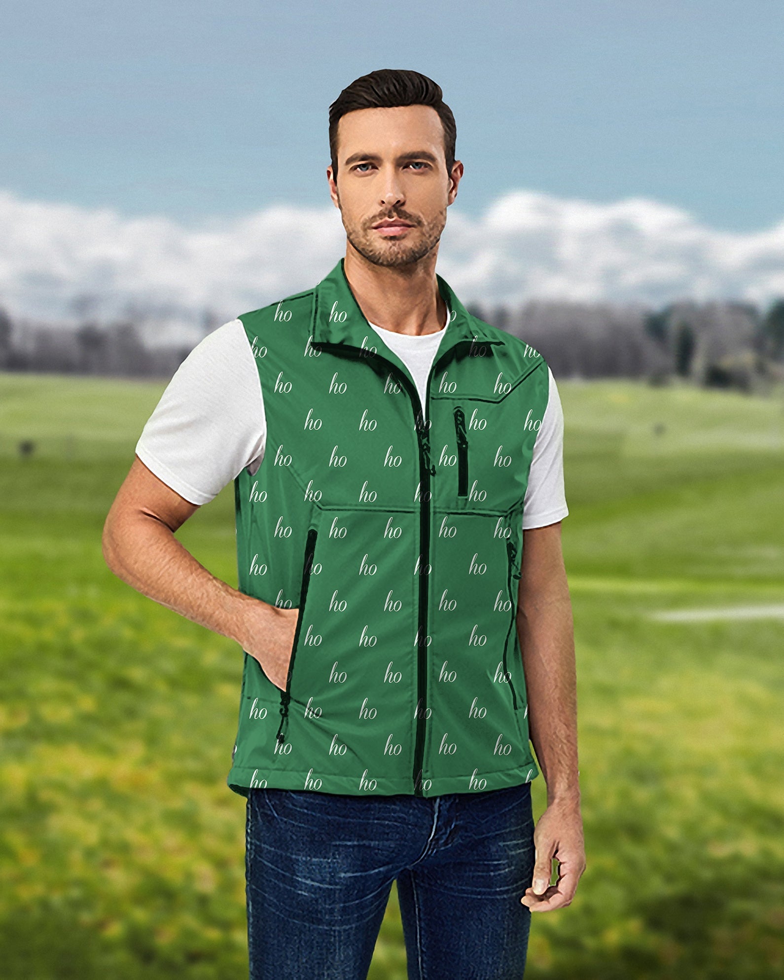 Men's green custom name softshell Christmas vest sleeveless windproof waterproof golf jacket