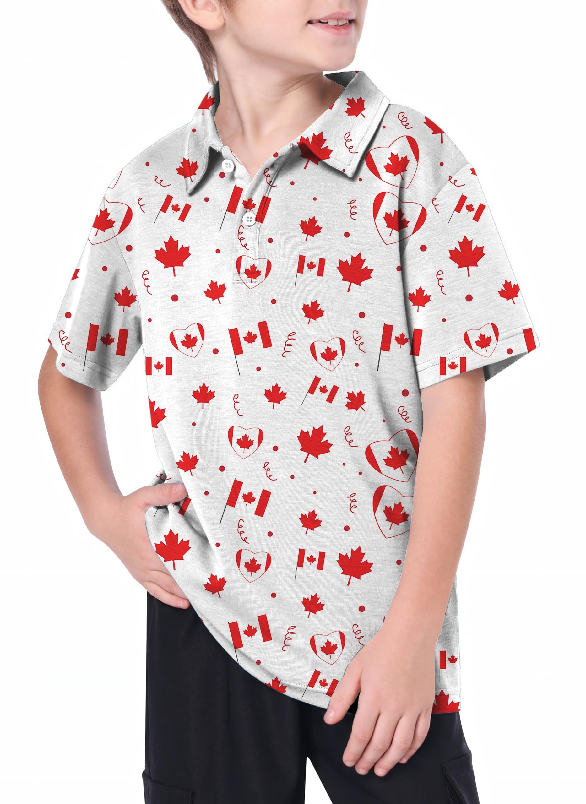Youth Canadian Patriotic Flag Golf Polo with red maple leaf and flag pattern, moisture-wicking and UPF 40+ protection