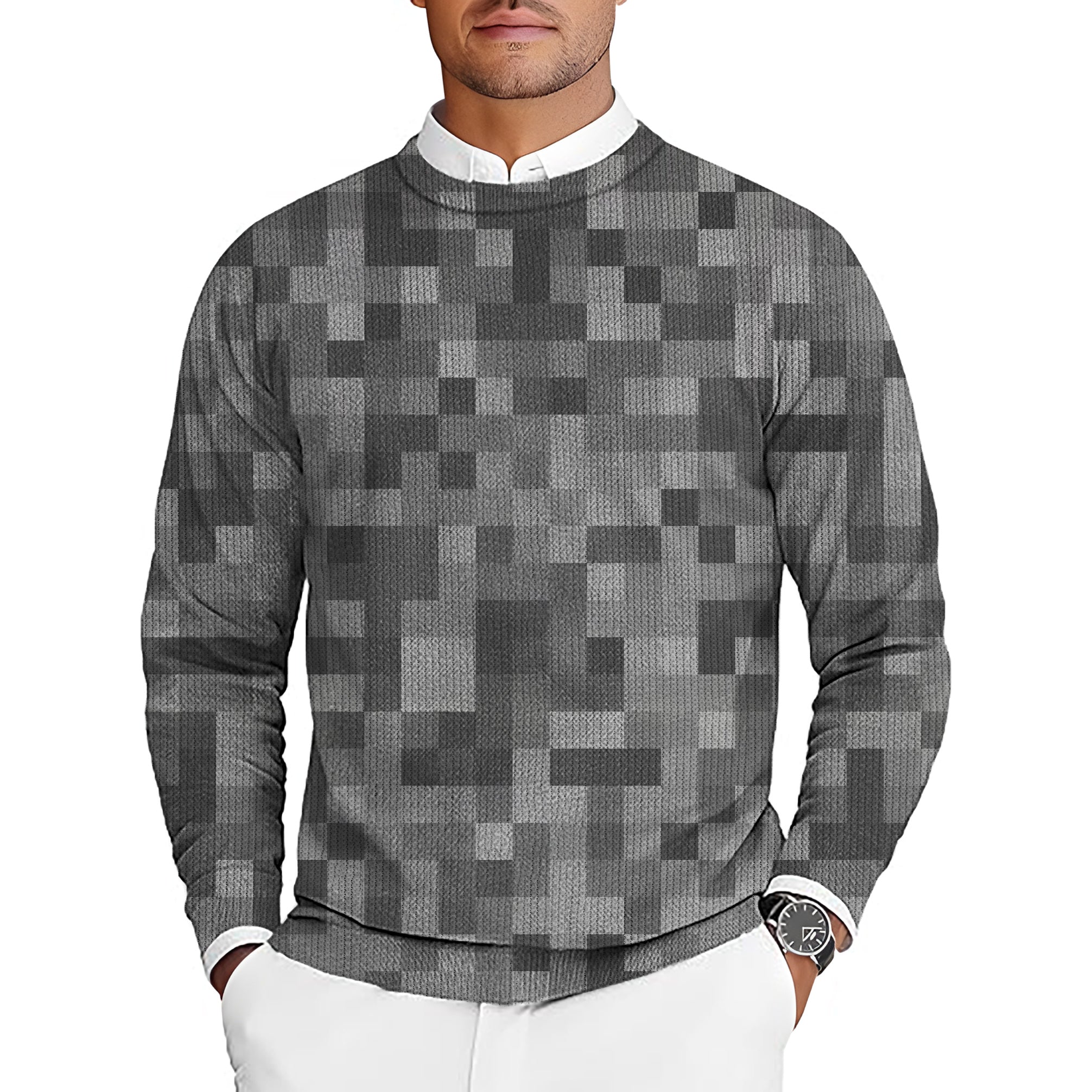 Grey pixel pattern big men's golf crewneck pullover sweater