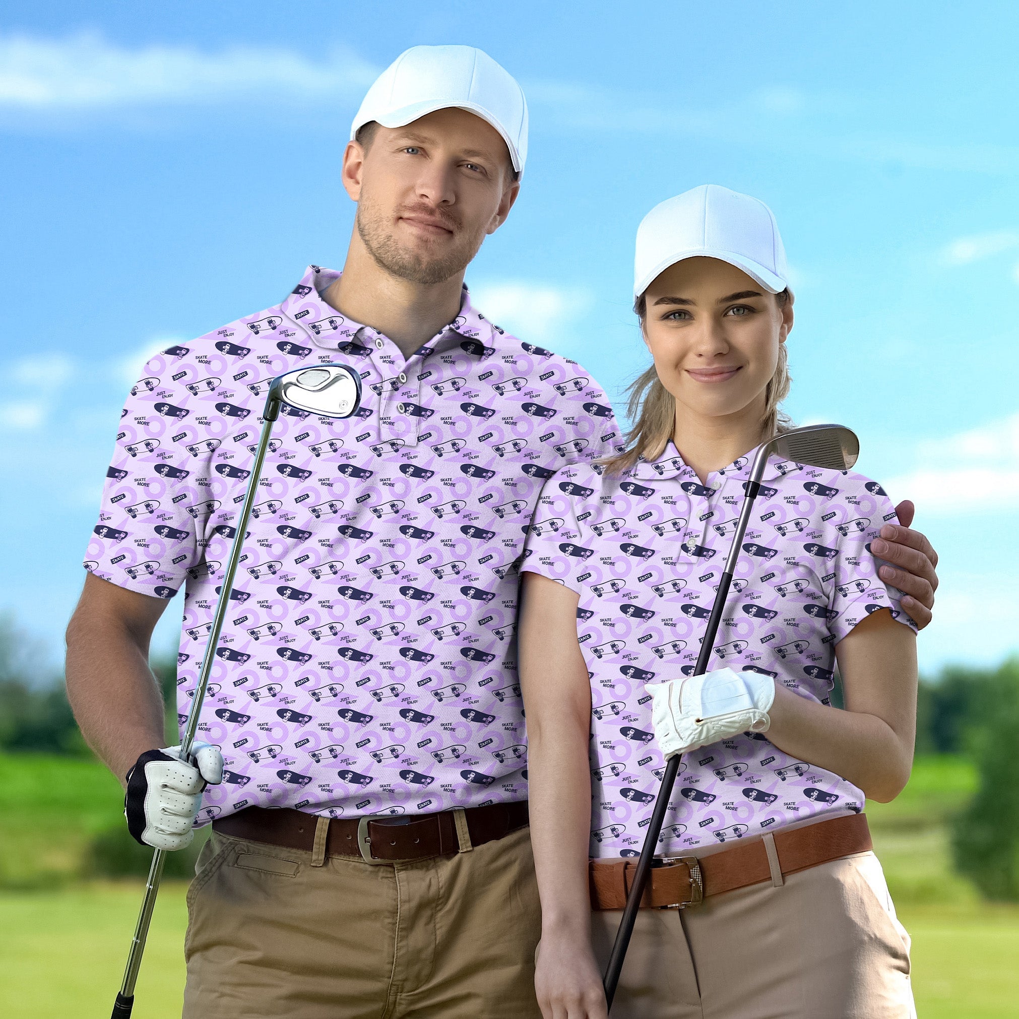 Couple wearing matching purple golf shirts with skate pattern holding golf clubs on course