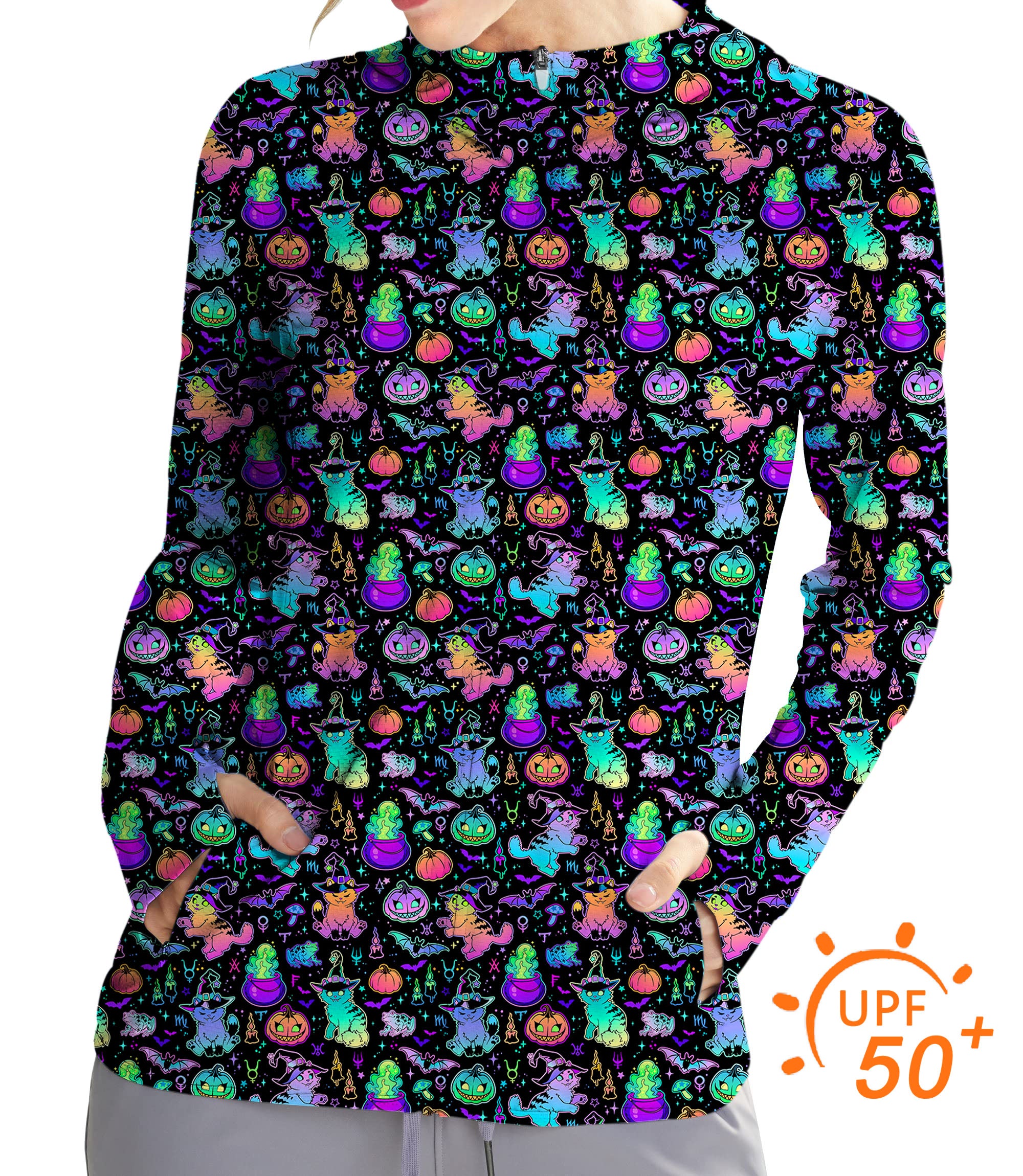Women's Outdoor Halloween Constellation Cat Golf Sun Protection Slim Fit zip hoodies