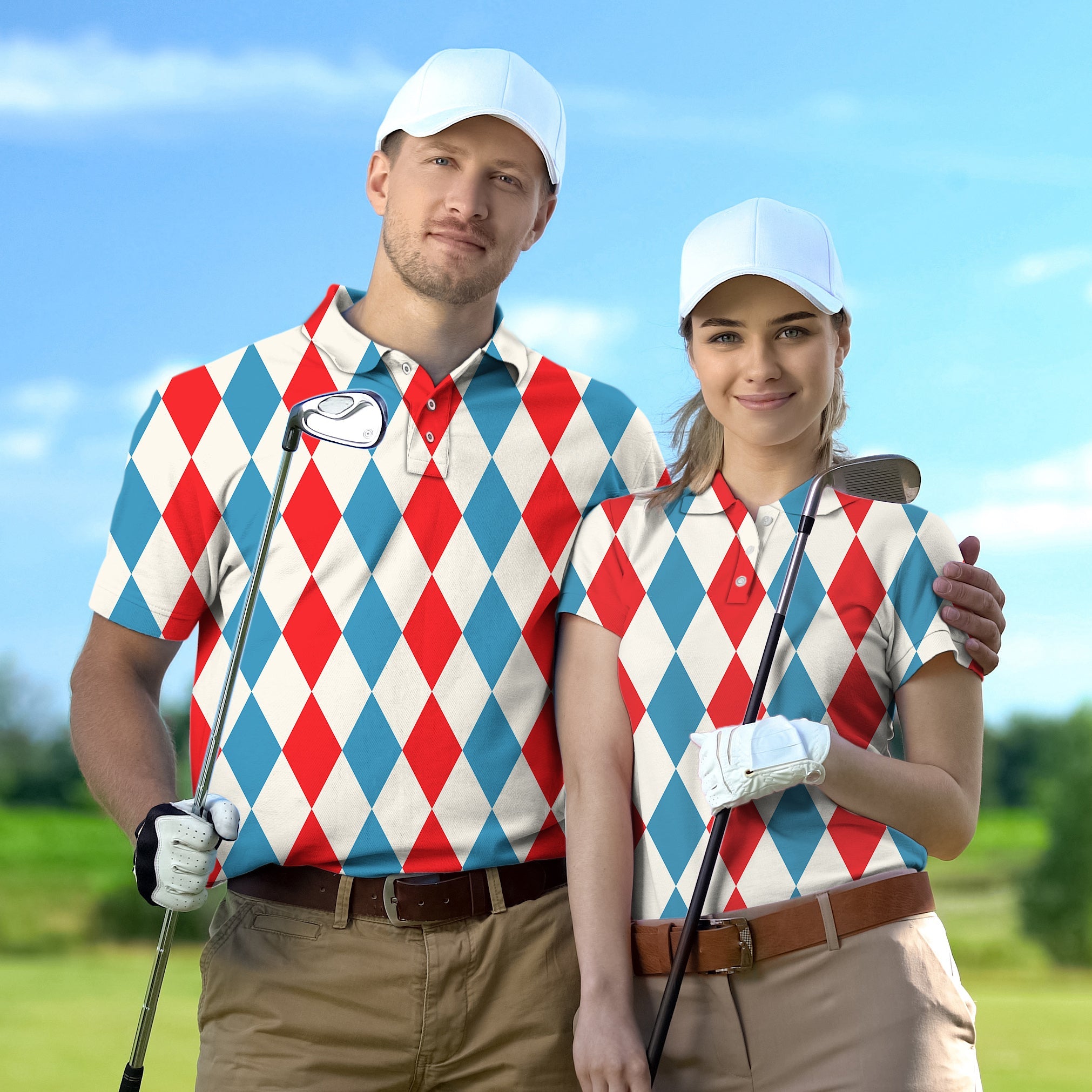 Couple wearing geometric checkerboard argyle golf shirts with white caps on golf course