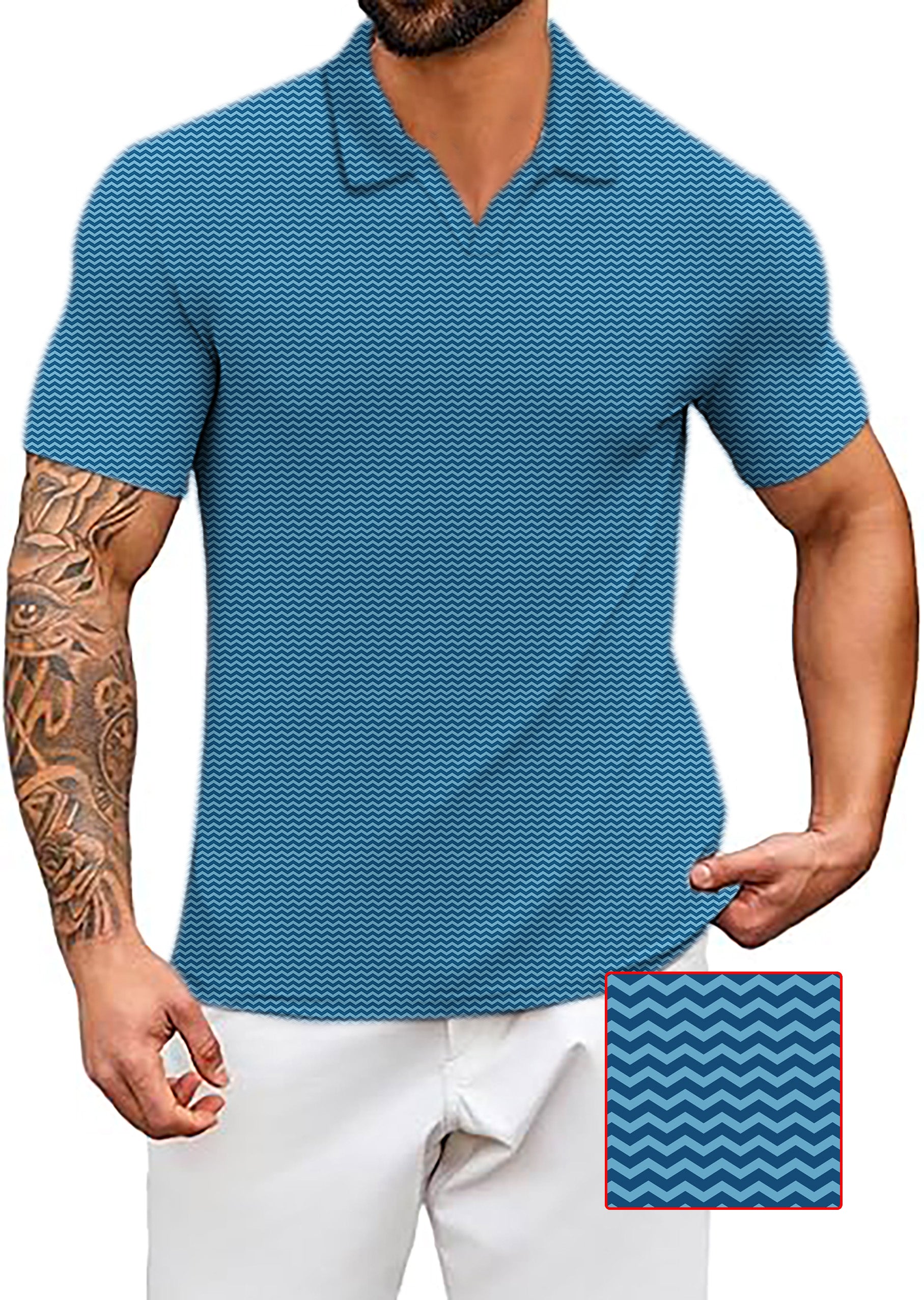 Men's Coconut Palm navy blue ink dots and waves polo shirt with four-way stretch and moisture-wicking fabric