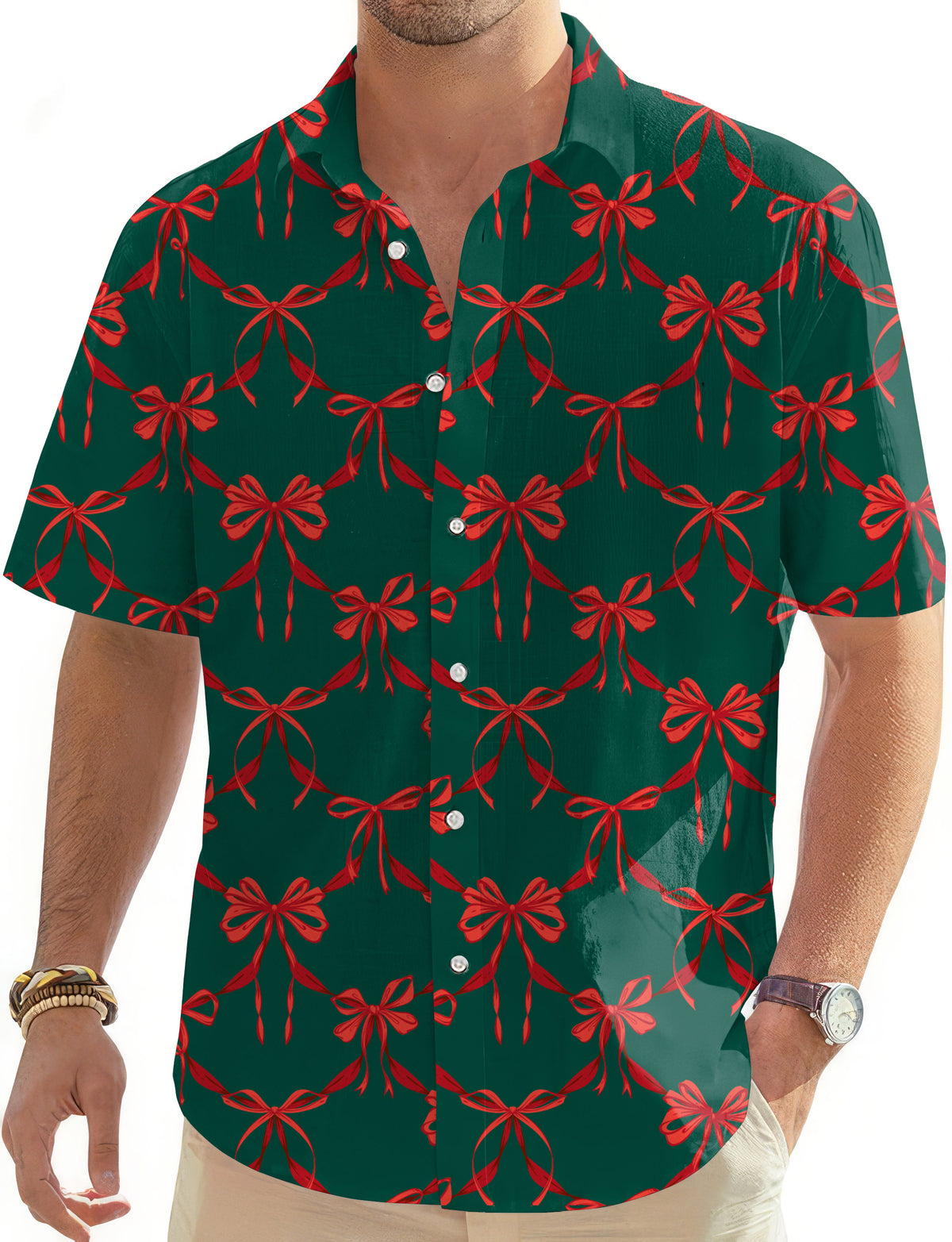 Christmas red knot detail Men's Golf Hawaiian Shirts Button Down Shirt