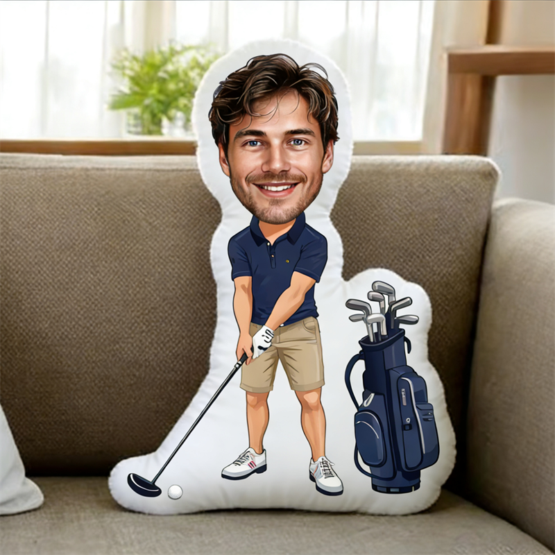 Custom Photo Face Pillow Play Golf Face Picture Blue Pillow Doll Face Shaped Pillow Golf Gift for Living Room