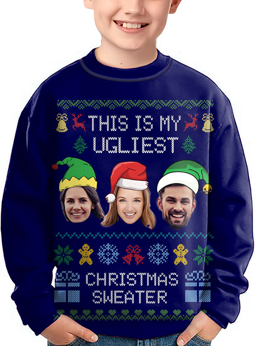 Navy-Christmas custom face crewneck kids ugly Christmas sweater with personalized photo design