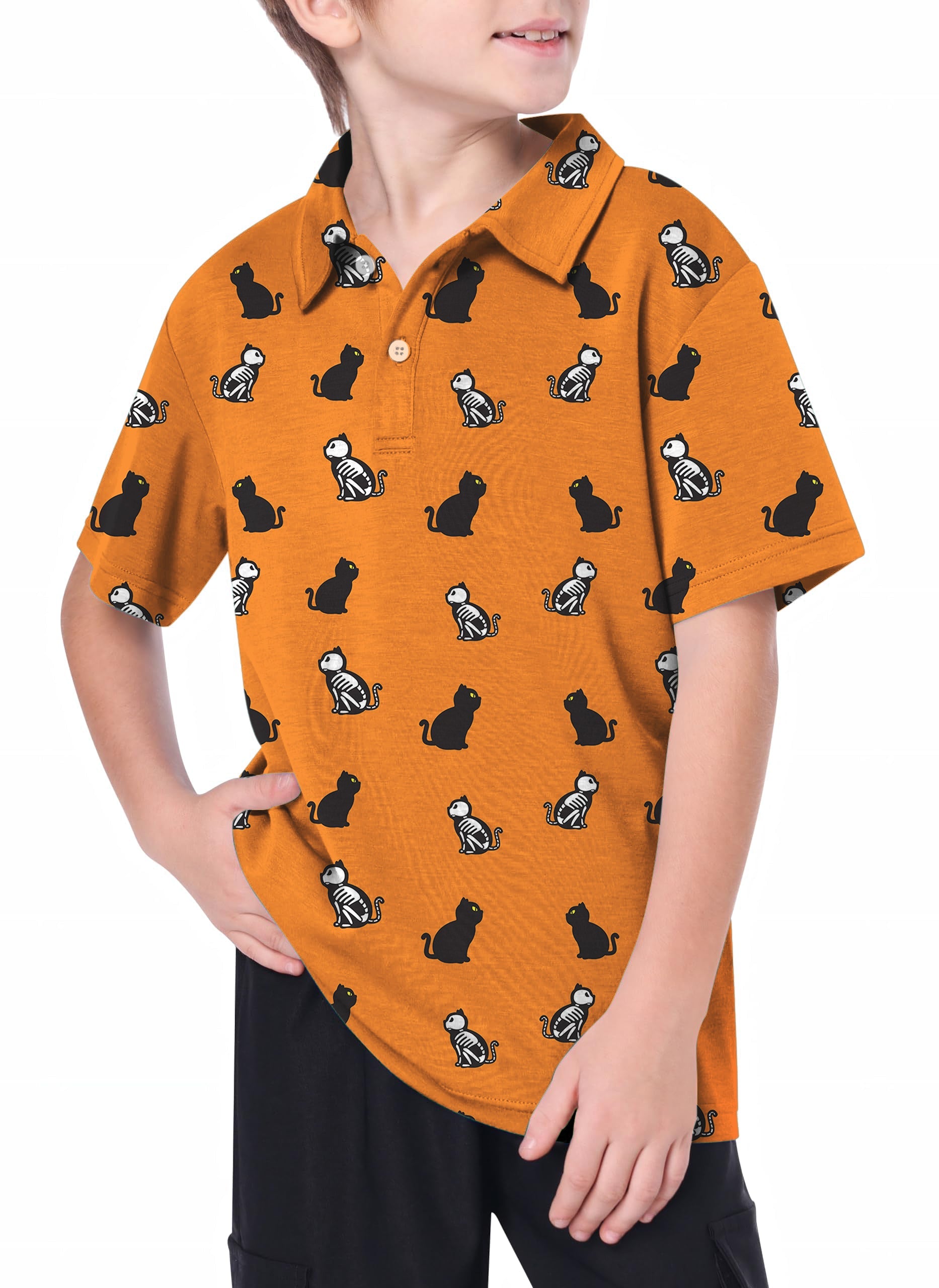 Youth Halloween Skull Cat pattern orange golf polo for kids with moisture-wicking fabric