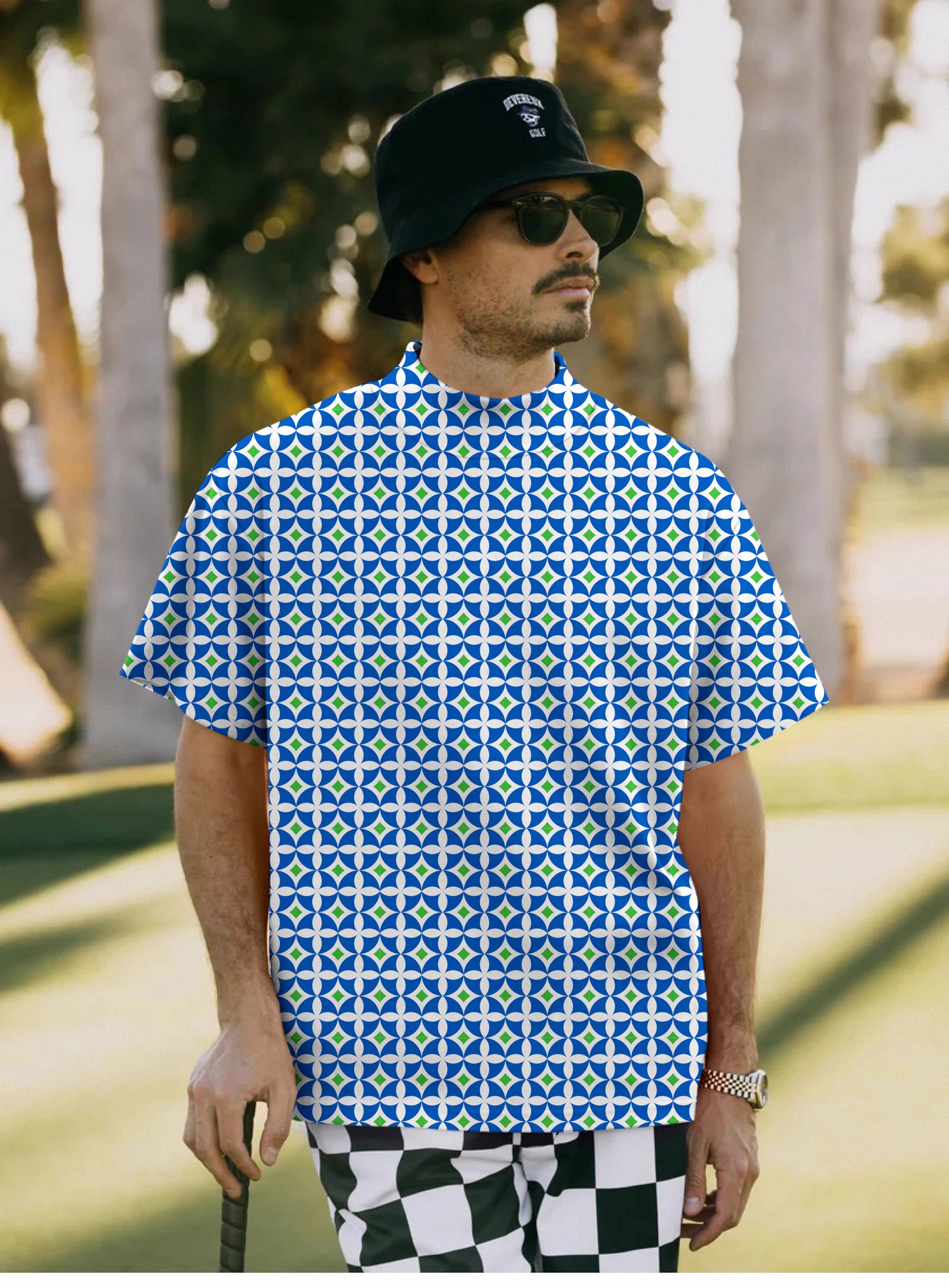 Men's Blue-Green Diamond Pullover High neck Long/Short sleeve T-Shirt