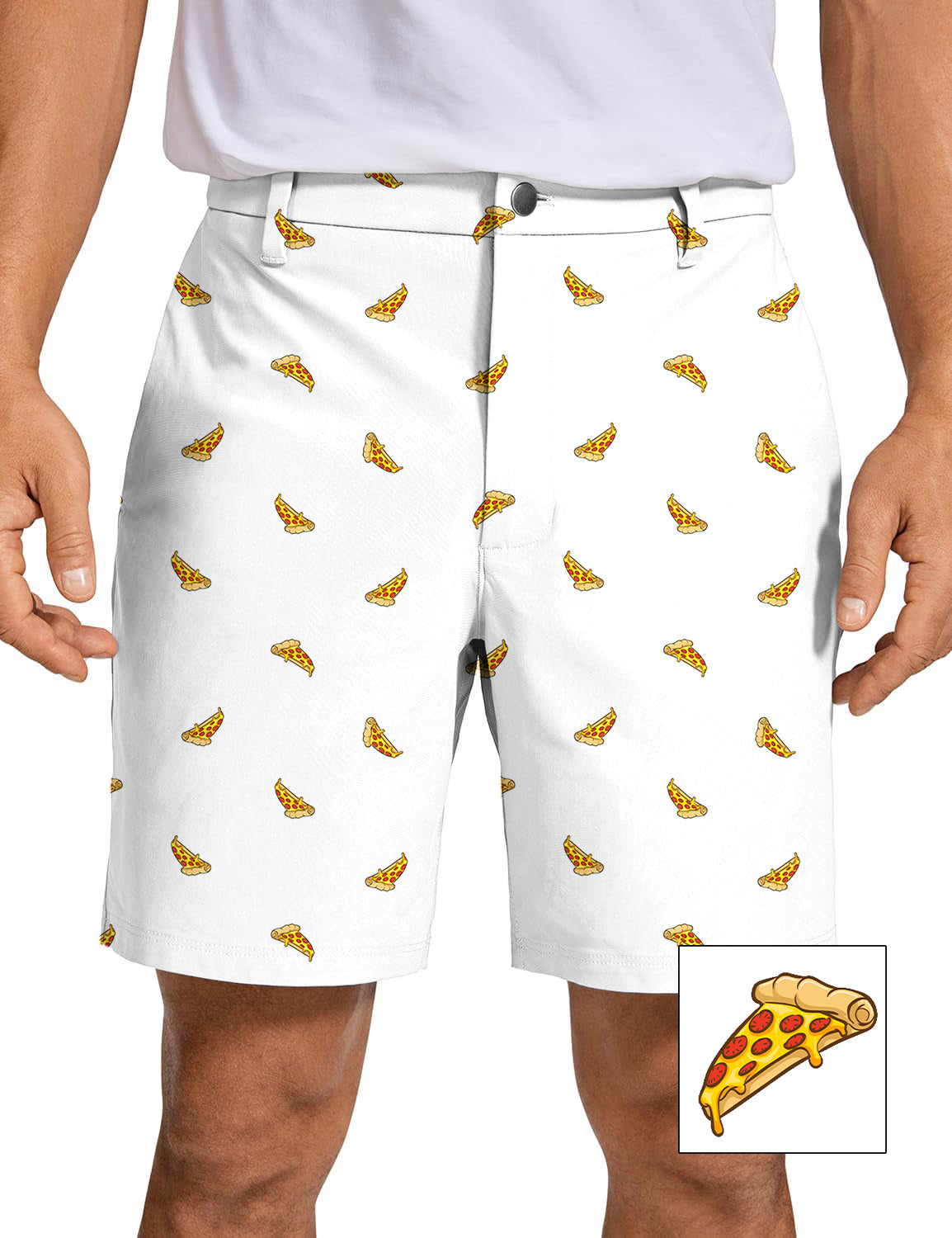 Men's white golf shorts with delicious pizza slice pattern, quick-dry and lightweight fabric