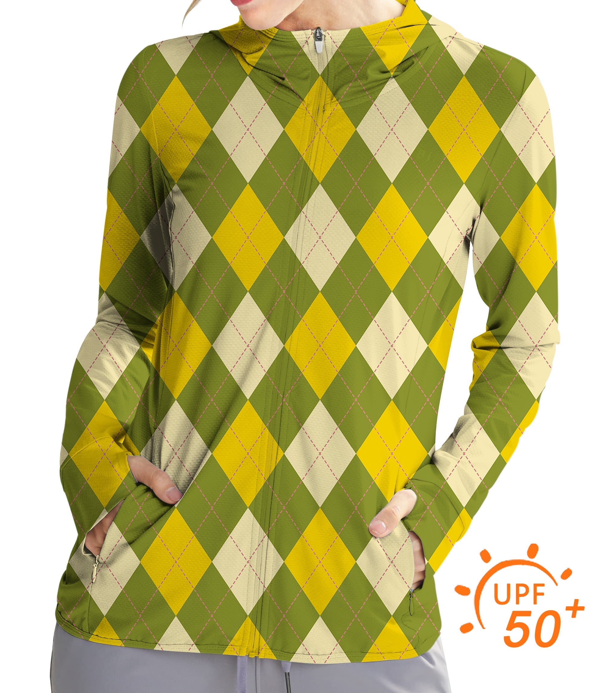 Women's outdoor yellow argyle golf sun protection slim fit zip hoodie with UPF 50+ fabric and thumb holes