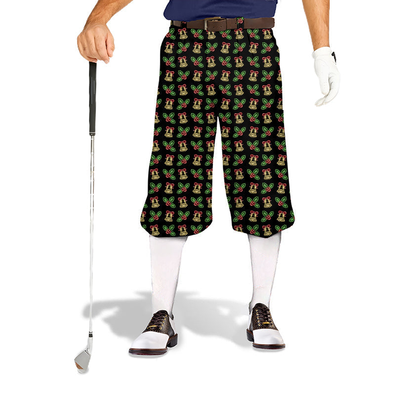Men's Christmas neon lights golf knickers with festive pattern, snug ankle cuffs, and adjustable Velcro waistband.
