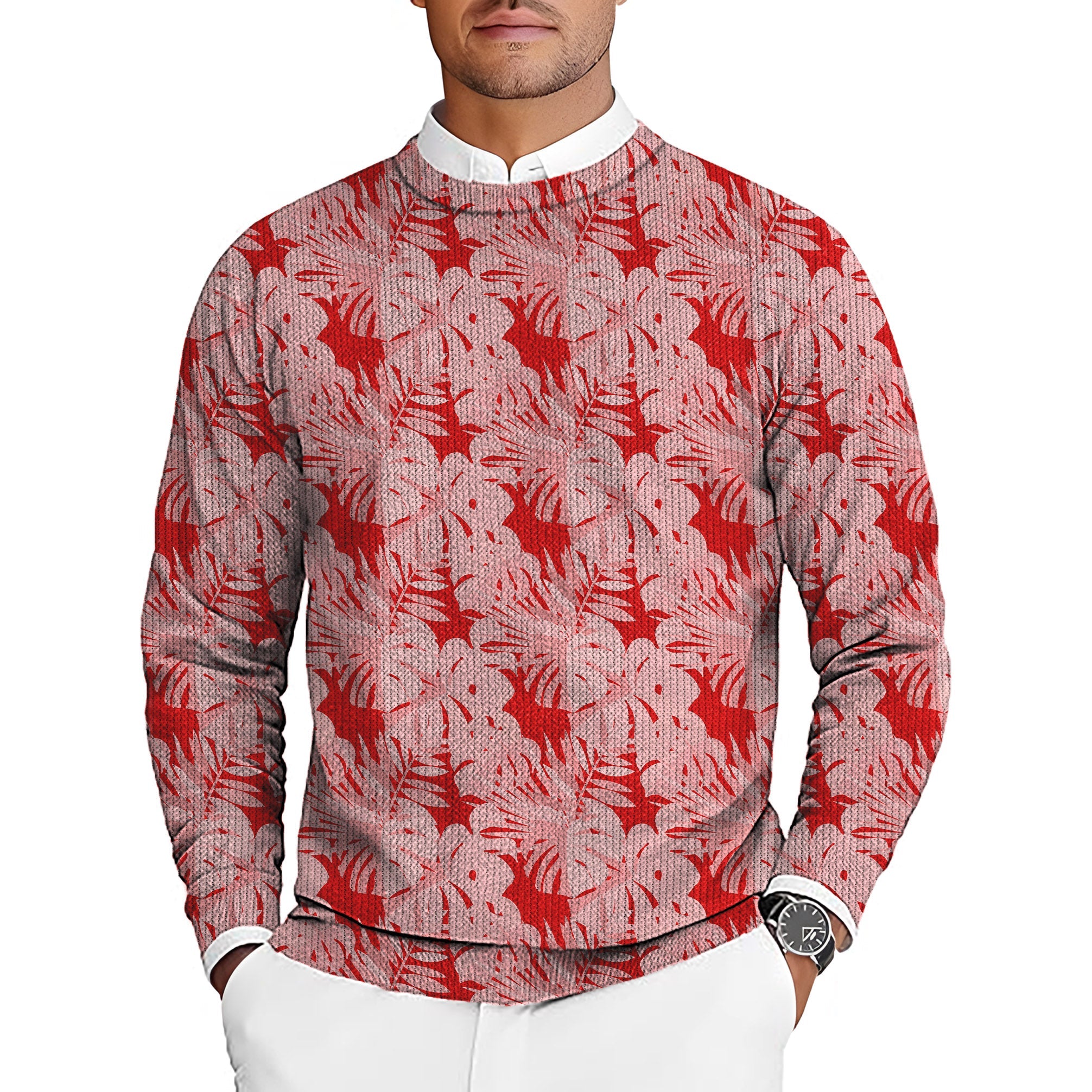 Men's Golf Crewneck pullover sweater with red tropical leaves and plants pattern