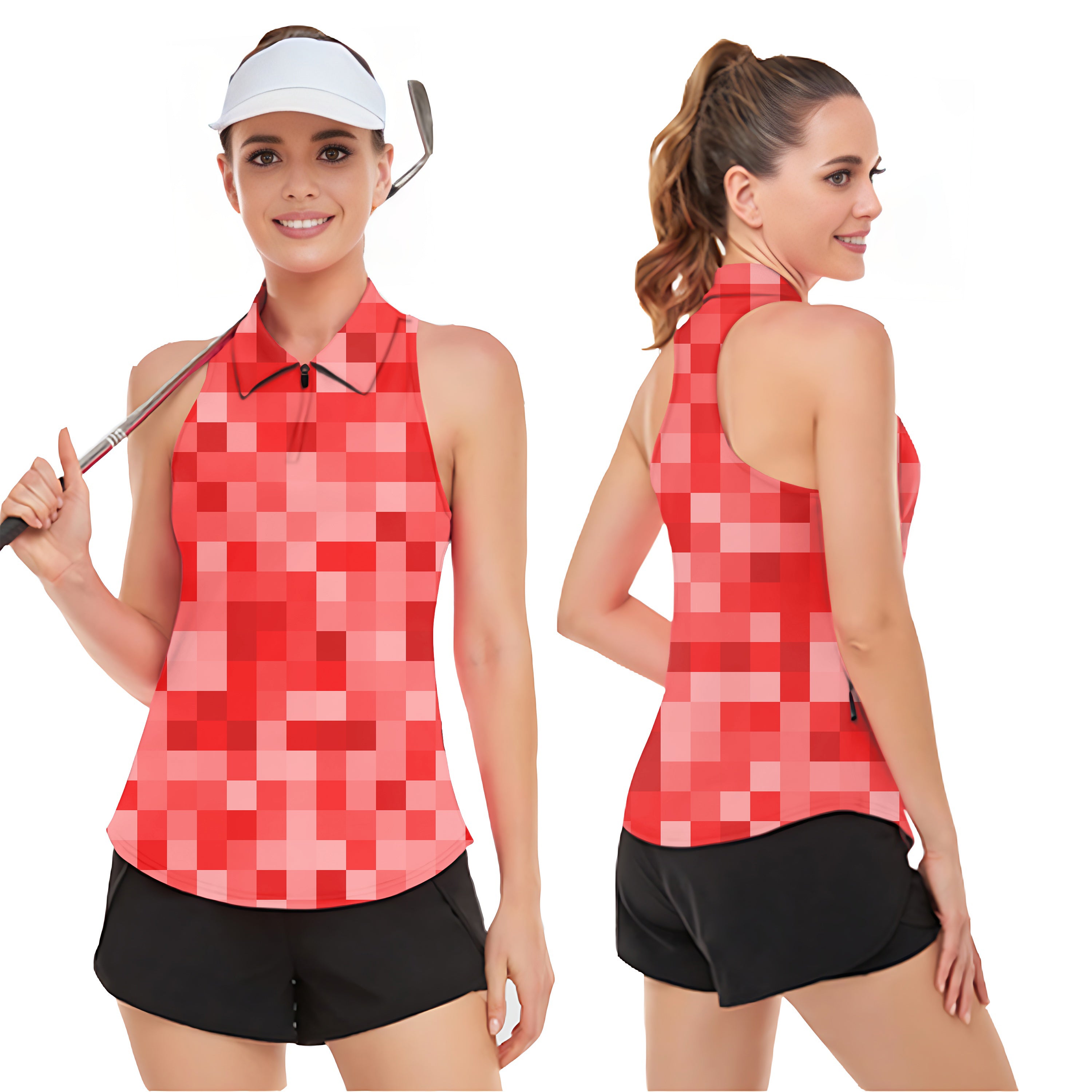 Red Pixel Big Women’s Sleeveless Golf Tank Top Shirt Polo