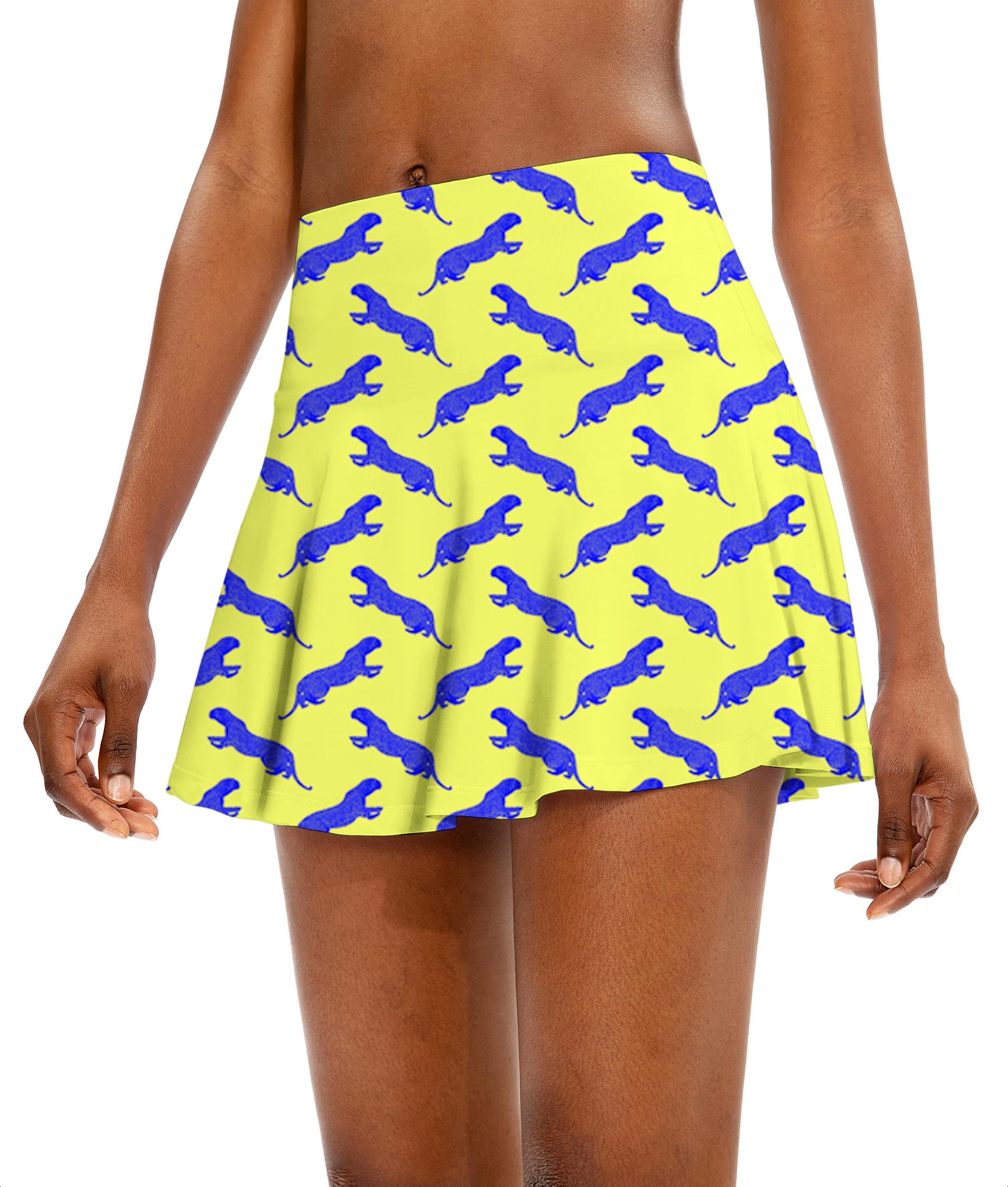 Women's flared athletic golf skort with blue leopard print on yellow background