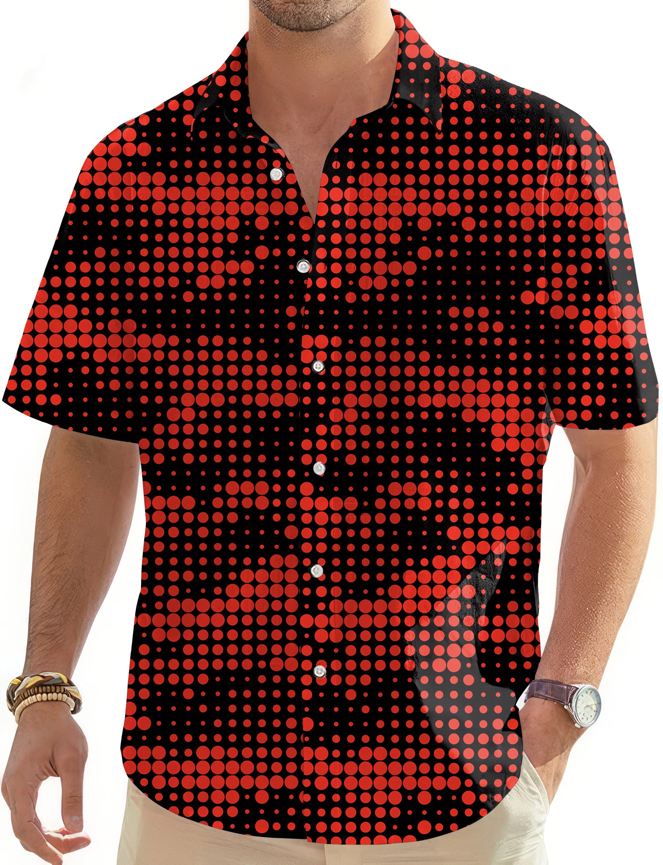 Red origin pixel men's golf Hawaiian button-down shirt with short sleeves and classic collar