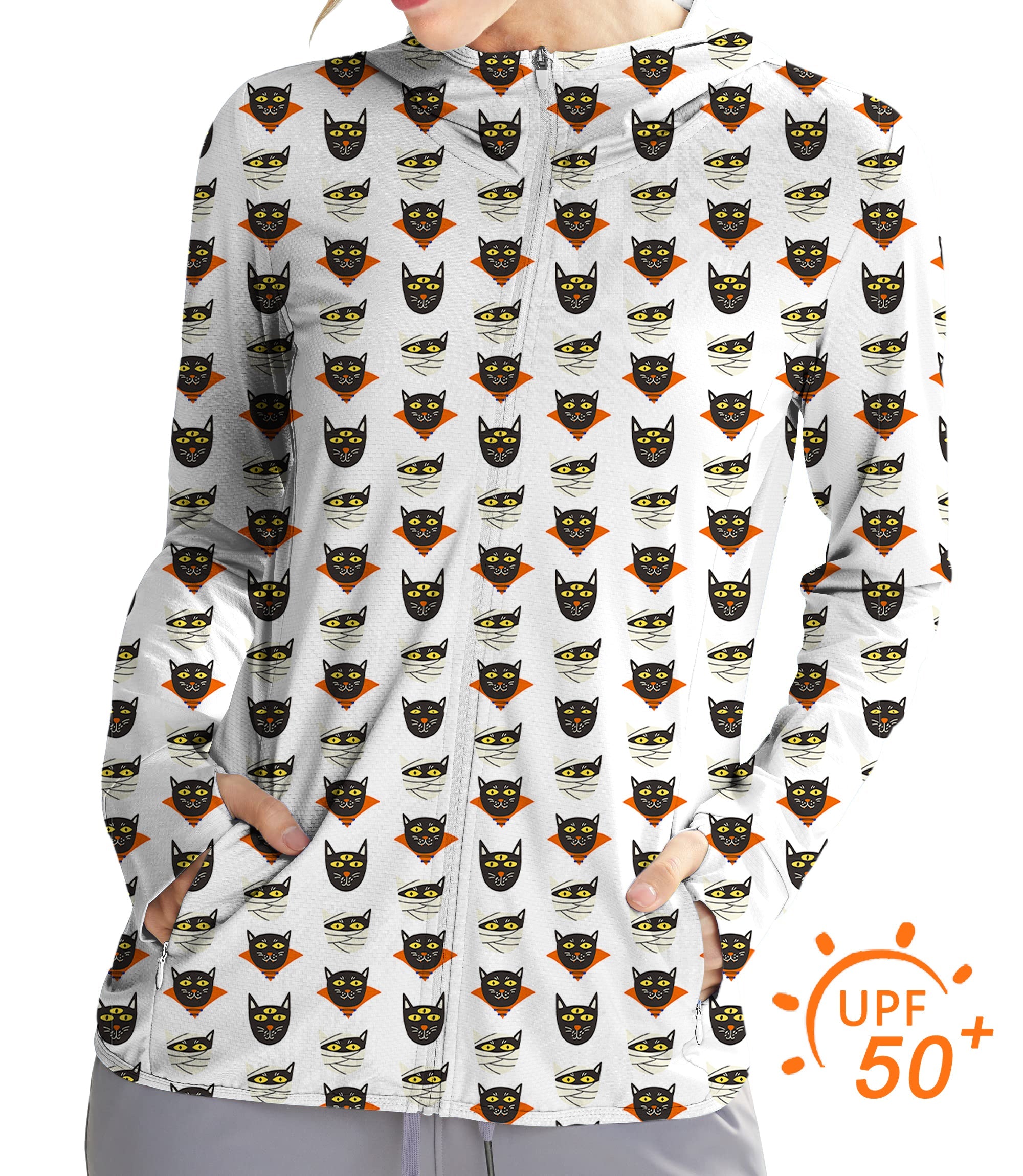 Women's outdoor slim fit zip hoodie with Halloween mummy cat print and UPF 50+ sun protection