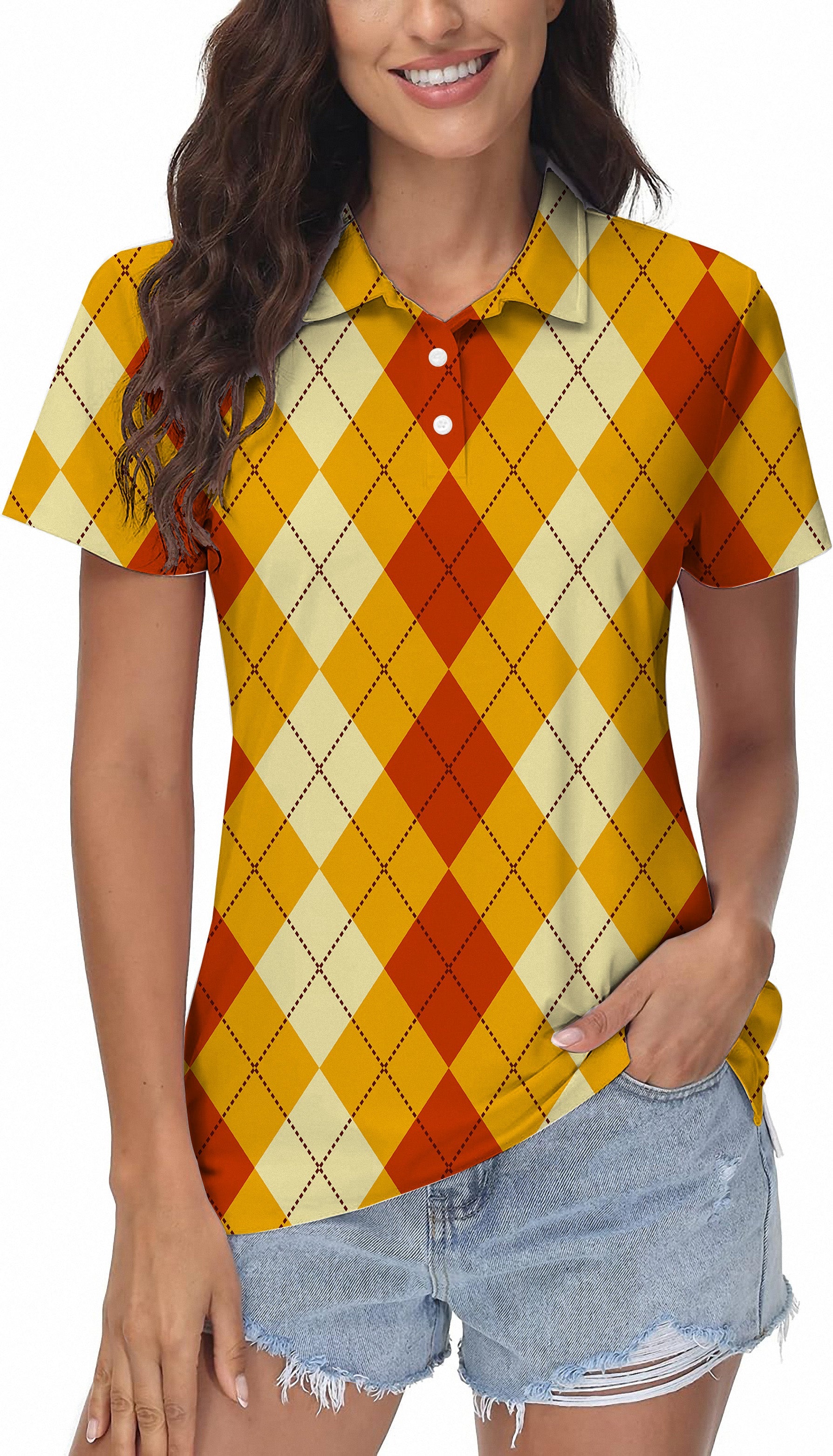 Halloween light yellow red argyle women's golf polo with breathable moisture-wicking fabric and UPF 40+ sun protection