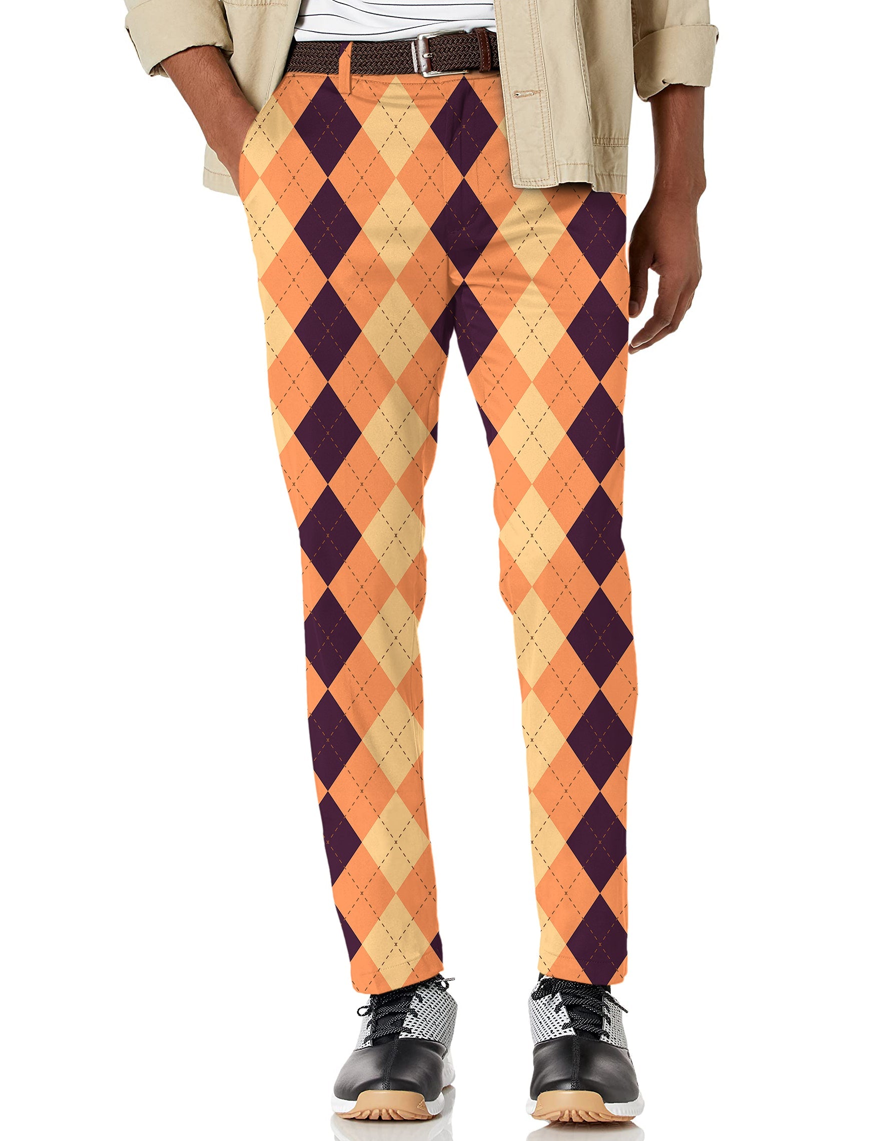 Men's Halloween black light yellow and orange argyle stretch golf pants with moisture-wicking fabric and active waistband