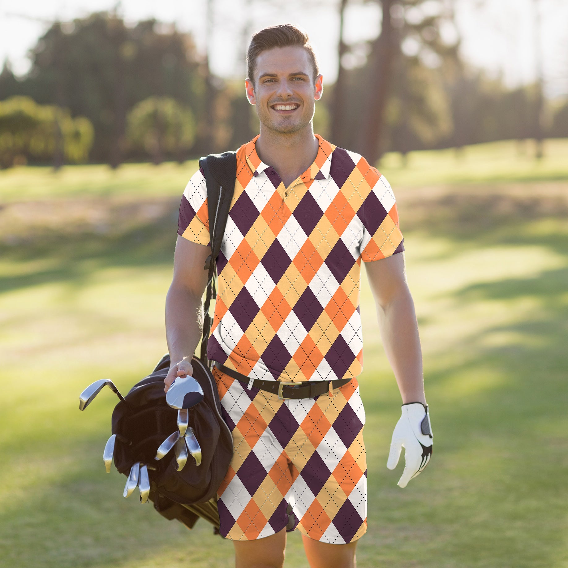 Men's Golf Set Polo+Shorts Halloween Orange White Brown Argyle