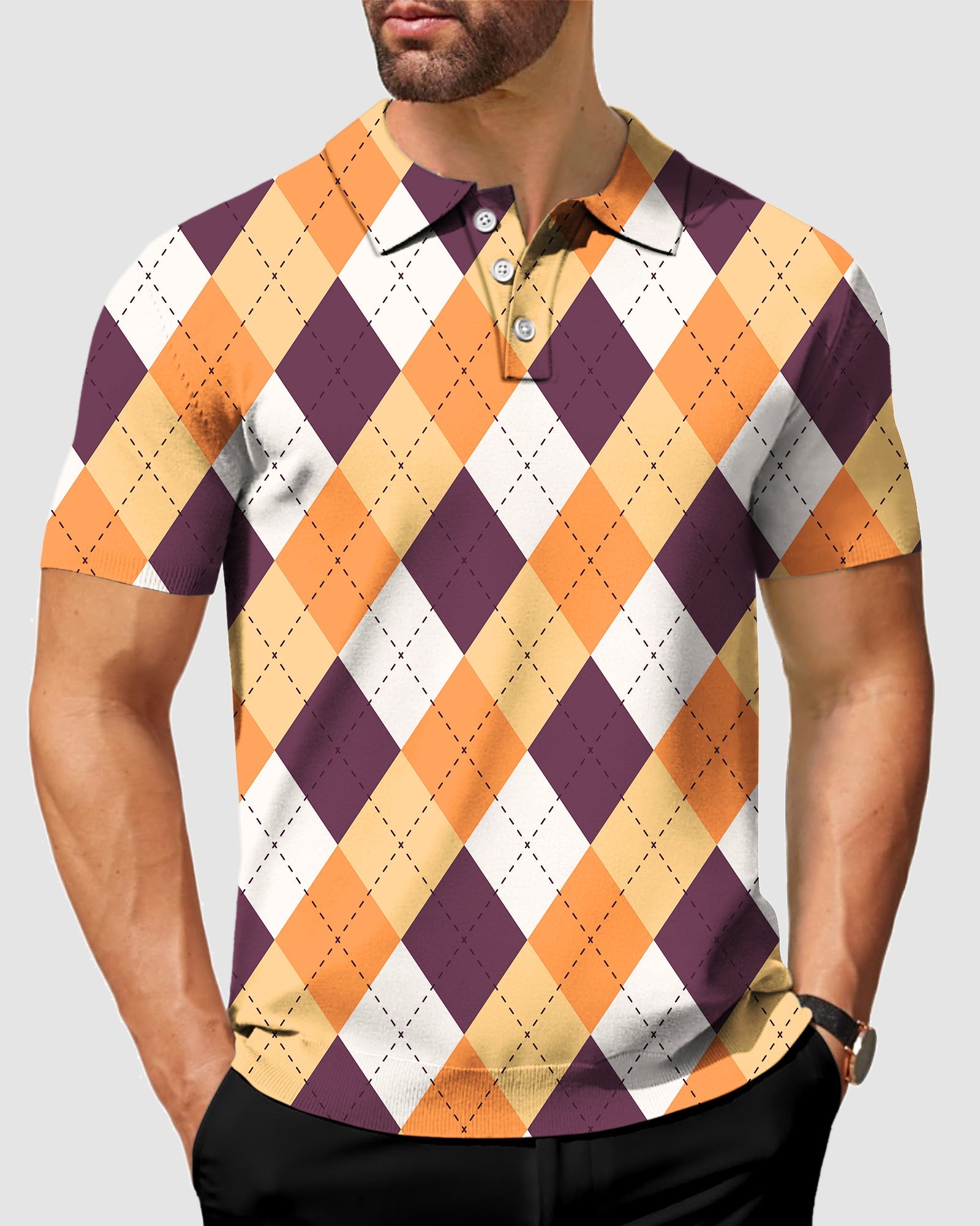 Men's Halloween orange white brown argyle polo shirt with stretch, moisture-wicking fabric and UPF 40+ protection