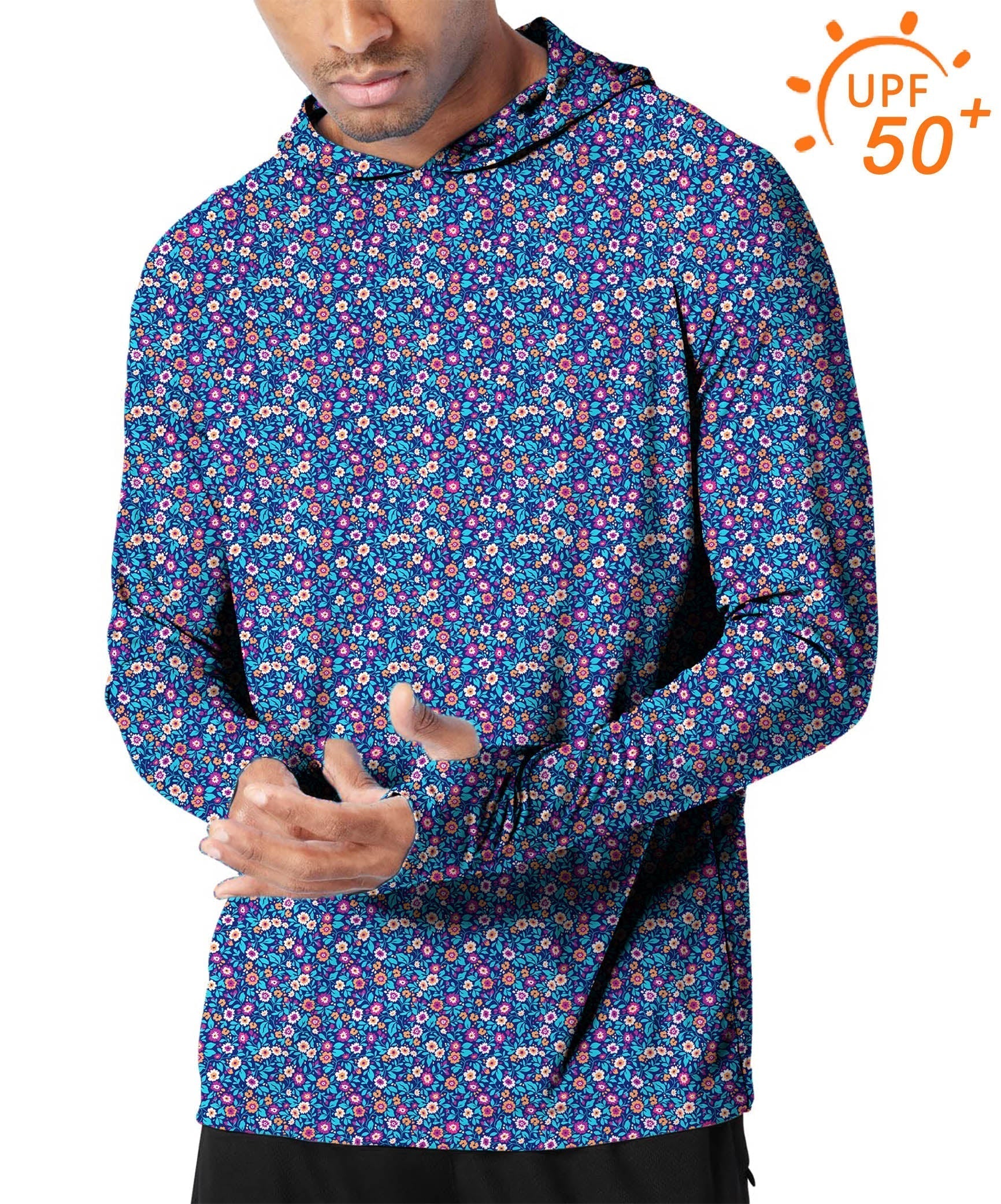 Men's outdoor dark floral slim fit hoodie with UPF 50+ sun protection and moisture-wicking fabric